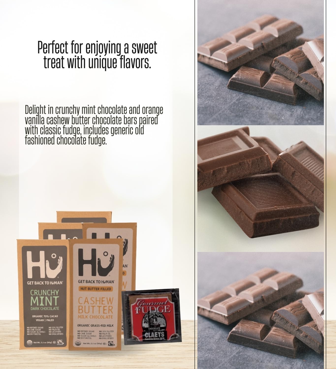 3x Hu Chocolate Crunchy Mint 2.1 oz and 2x Cashew Butter Milk Bar 2.1oz Bundle with Claeys Old Fashioned Chocolate Fudge 1.75 oz - Organic Vegan