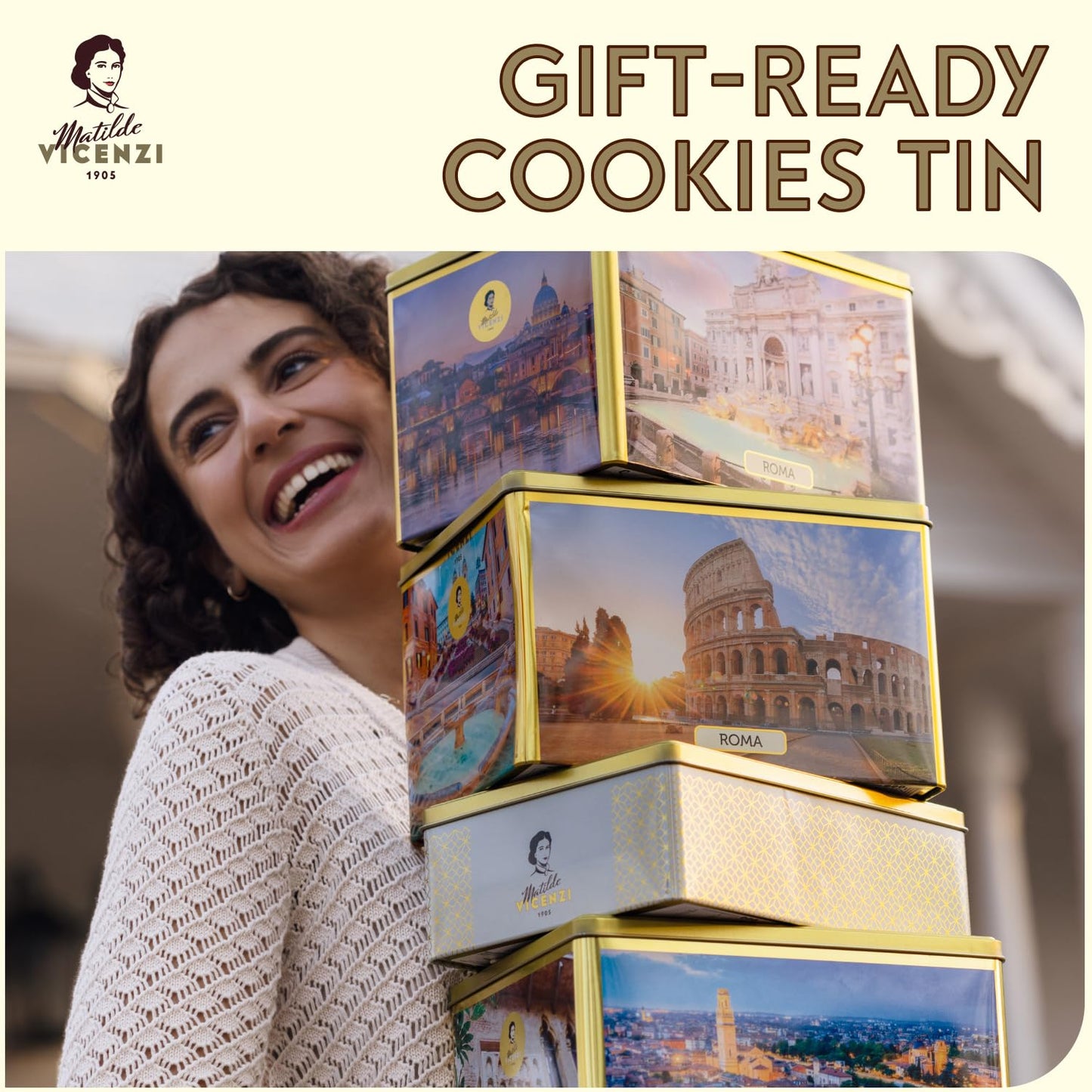 Matilde Vicenzi Roma Cookie Gift Tin - Pastries & Cookies in Individually Wrapped Trays - Gourmet Gifts For Father's Day, Teacher, Birthday - Assorted