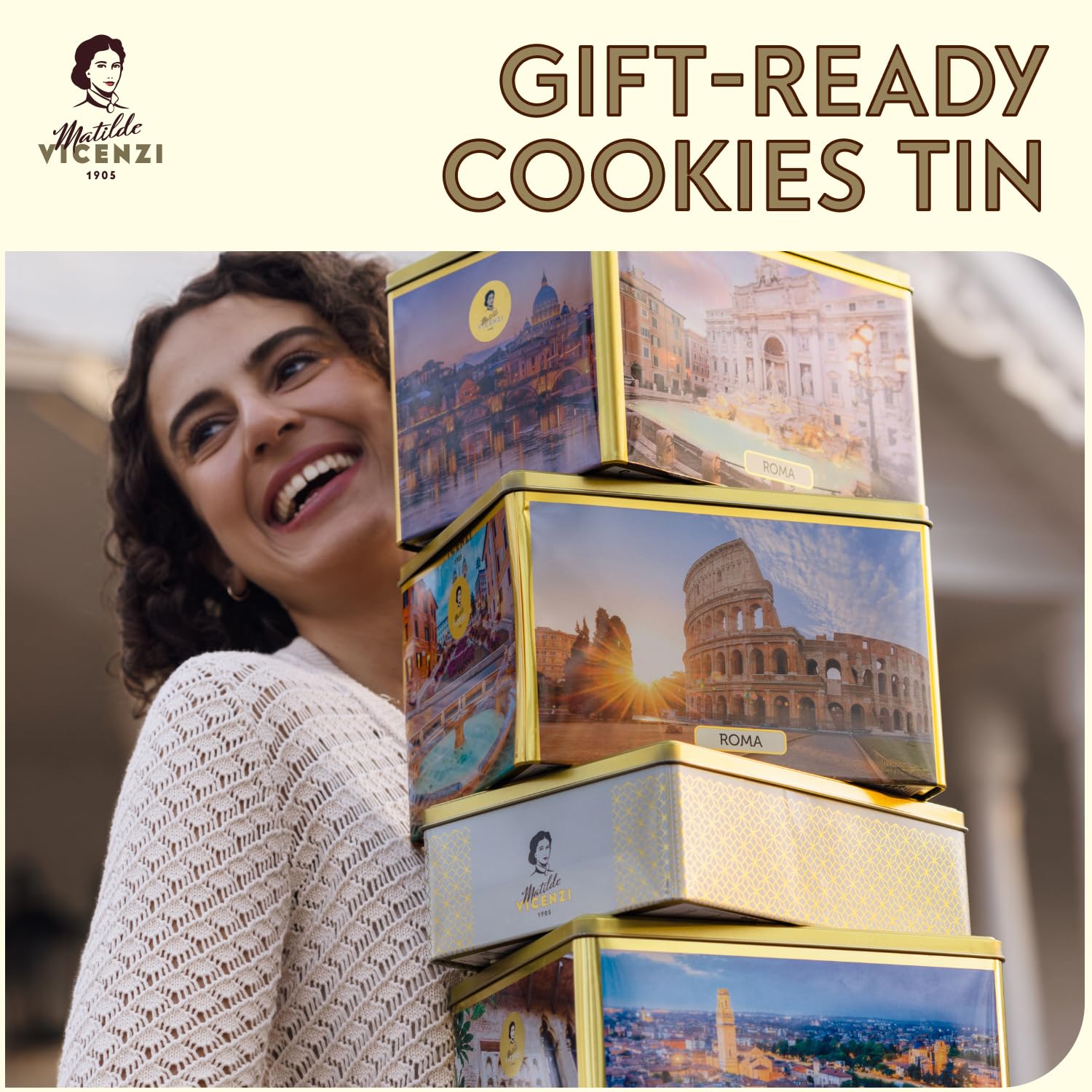 Matilde Vicenzi Roma Cookie Gift Tin - Pastries & Cookies in Individually Wrapped Trays - Gourmet Gifts For Father's Day, Teacher, Birthday - Assorted