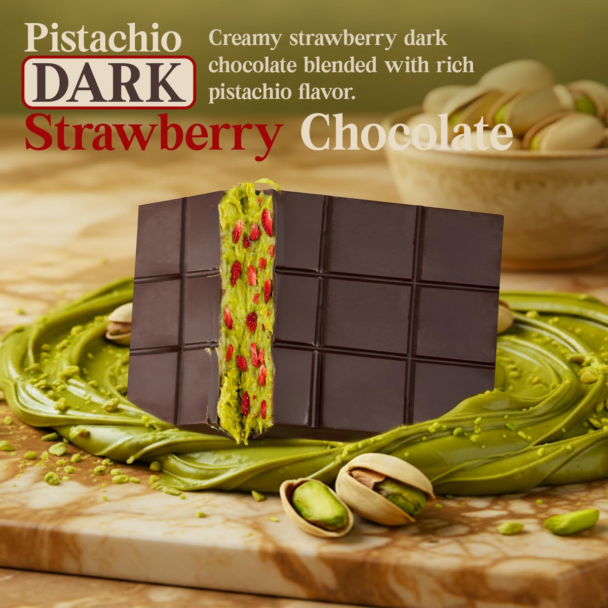 Dubai Dark Chocolate Bar with Strawberry - 2.6oz (75g) | Dark Chocolate Dessert with Strawberry | Gourmet Dubai Chocolate Bar | Elegant Gift Chocolate
