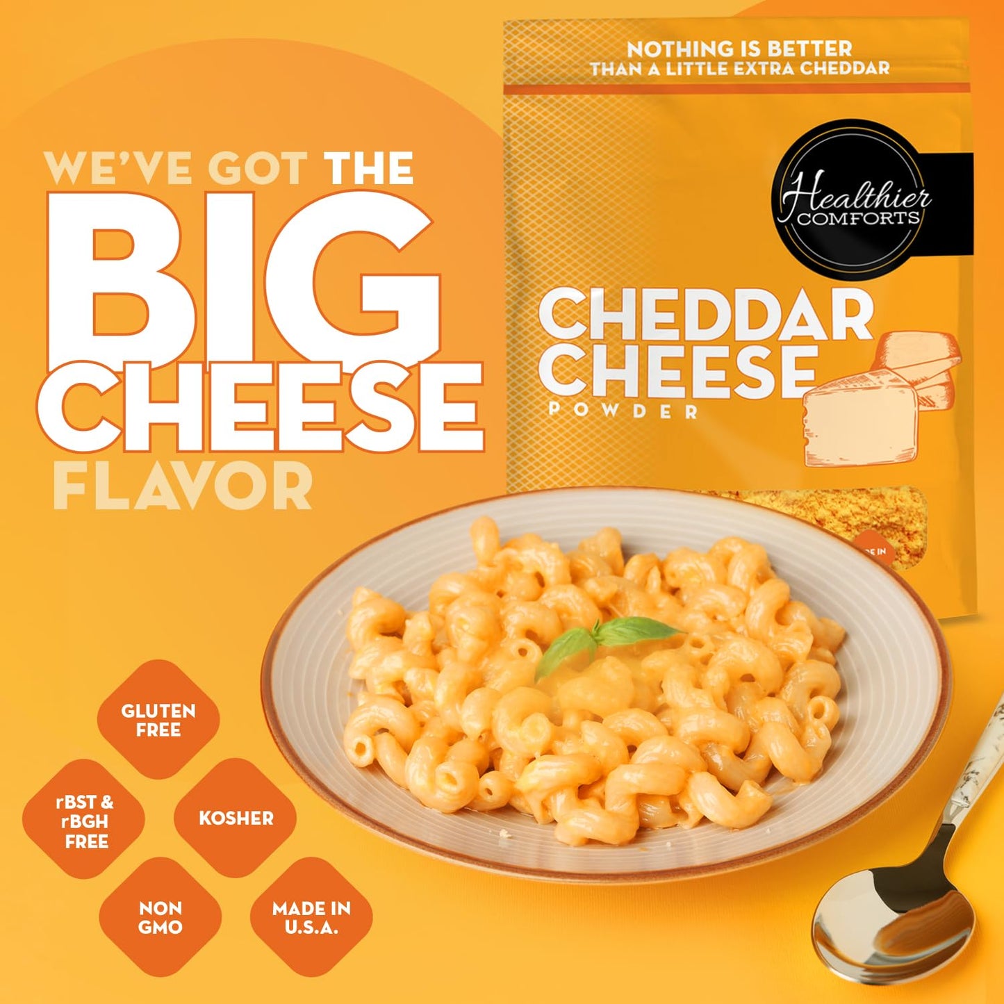 Healthier Comforts Cheddar Cheese Powder (7 oz) | Premium Yellow Cheddar | Batch Tested Gluten Free, Kosher, No Artificial Dyes | Cheesy Goodness