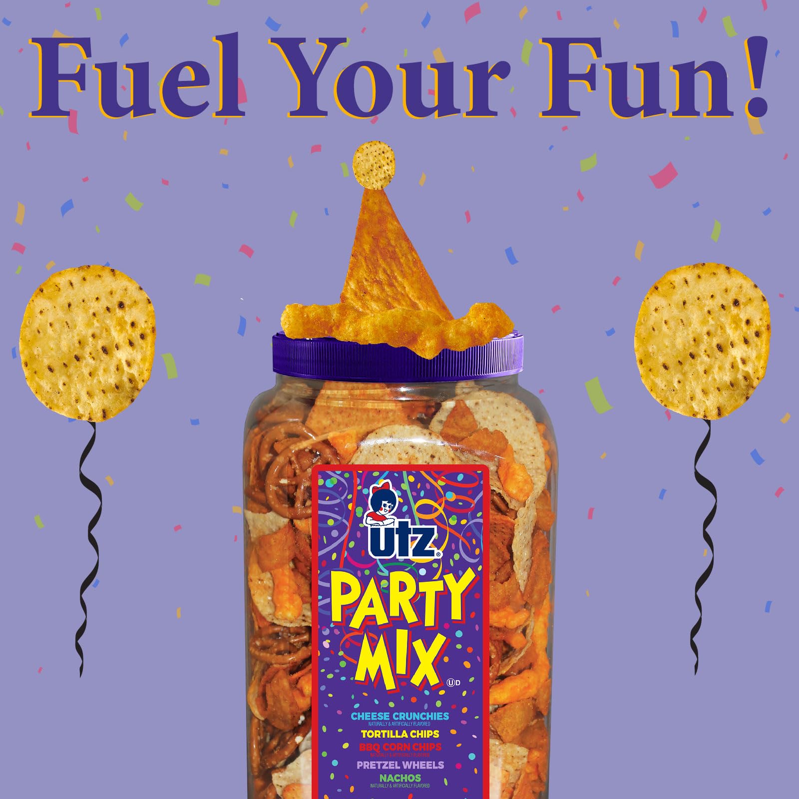 Utz Party Mix - Tasty Snack Mix Includes Corn Tortillas, Nacho Tortillas, Pretzels, BBQ Corn Chips and Cheese Curls, Cholesterol Free and Trans-Fat