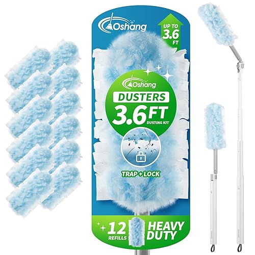 oshang 12 Pack Disposable Heavy Duty Duster Refills - 43" Extendable Handle, Compatible with Swiffer - Dusters for Cleaning Ceiling Fans, Blinds