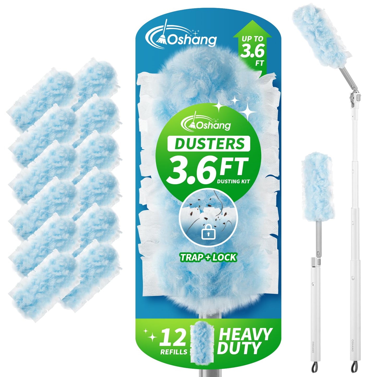 oshang 12 Pack Disposable Heavy Duty Duster Refills - 43" Extendable Handle, Compatible with Swiffer - Dusters for Cleaning Ceiling Fans, Blinds