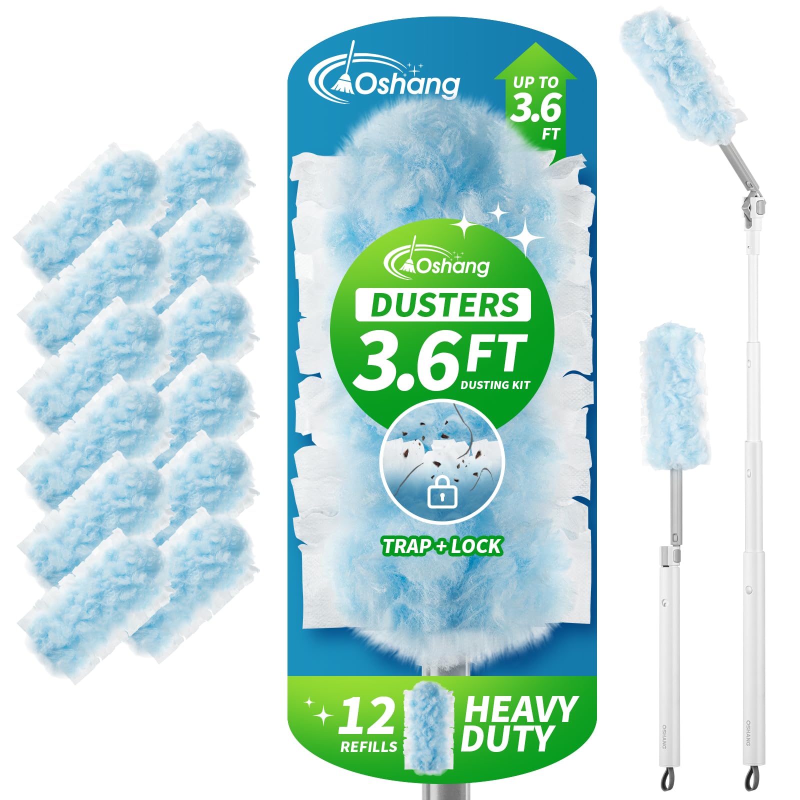 oshang 12 Pack Disposable Heavy Duty Duster Refills - 43" Extendable Handle, Compatible with Swiffer - Dusters for Cleaning Ceiling Fans, Blinds