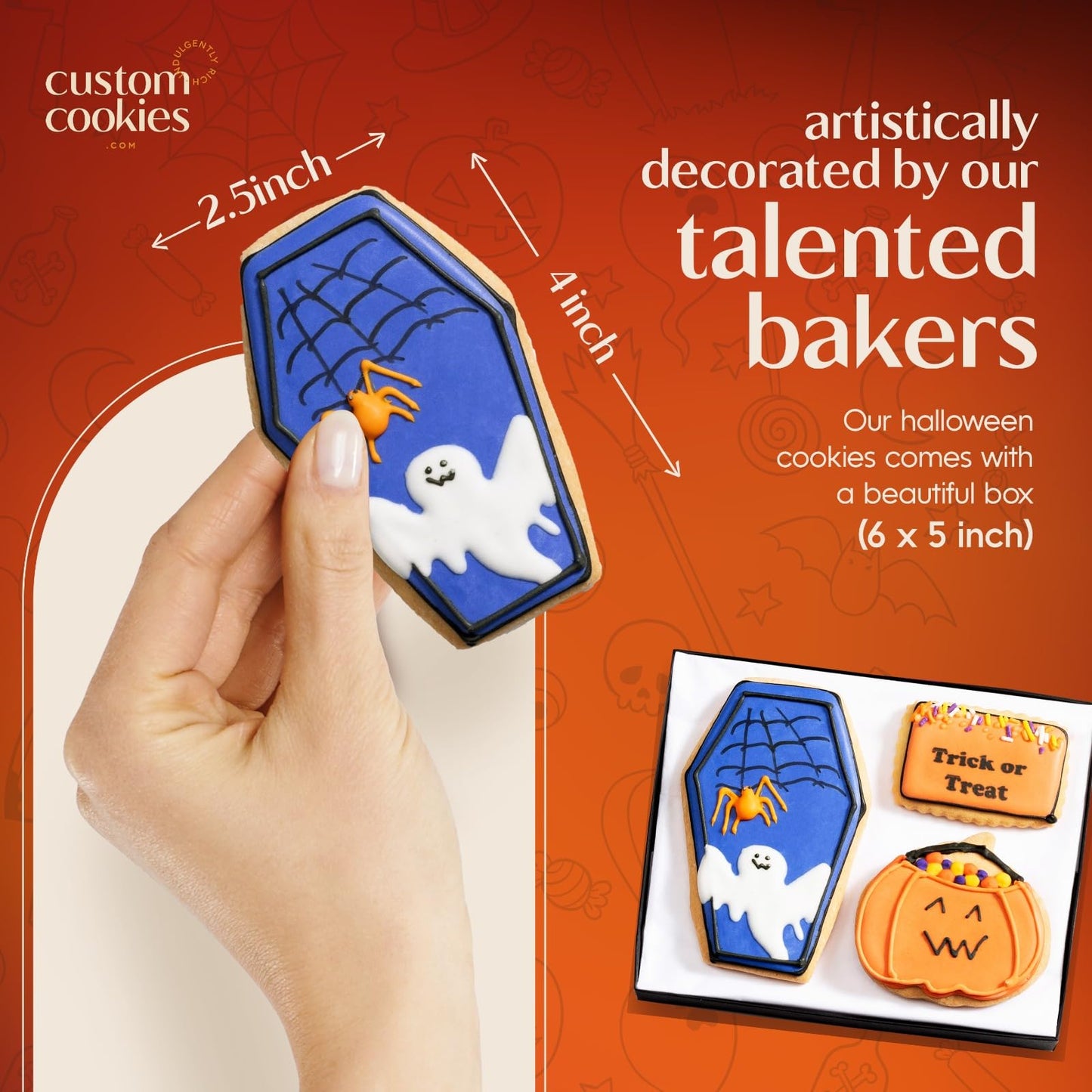 Halloween Cookie Gift Basket, Hand Decorated Vanilla Sugar Cookies Gourmet Dessert Spooky Trick Or Treat Gift Box For Boys Girls Kids Children Adults