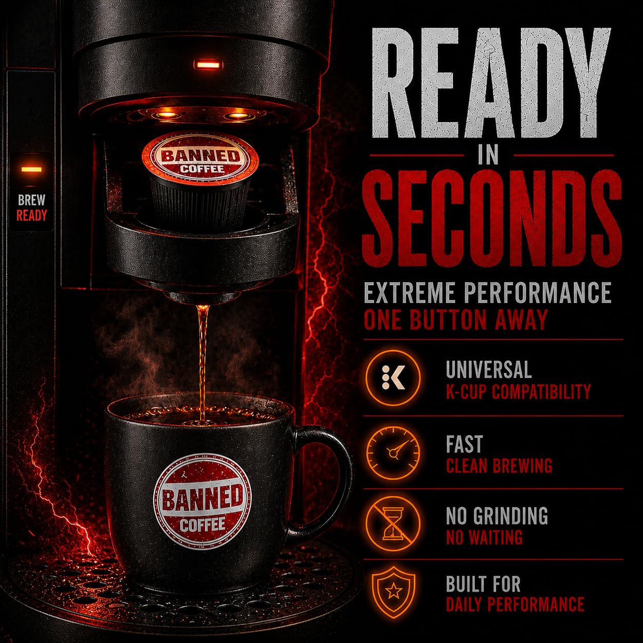 Banned Coffee ™ Strongest High Caffeine Coffee Pods for Keurig ® Brewers - Extra Strong Medium Dark Roast K-Cups - Bold Flavor, Smooth Finish - 12