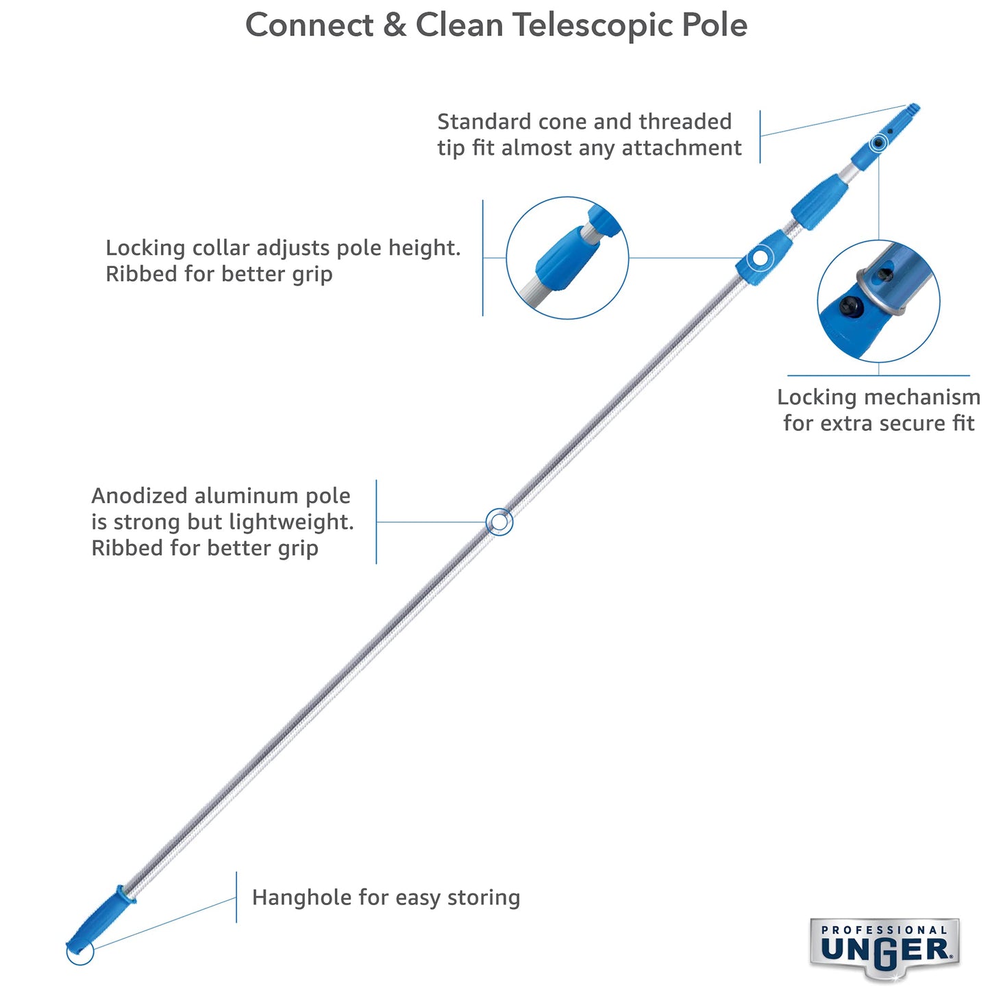 Unger Professional Connect & Clean 4 - 8 Foot Telescoping Extension Multi-Purpose Pole, Window Cleaning, Dusting