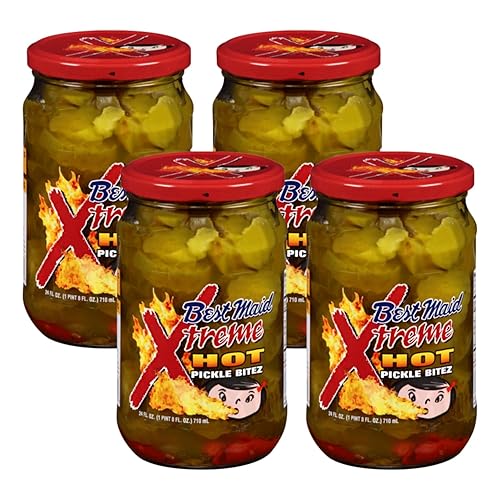 Best Maid Products - 24 Ounce Glass Jars Baby - Dill, Kosher, Hamburger Slices, Garlic Bites, Habanero Chips, & Xtreme Hot Pickles (4 Pack, Xtreme HOT
