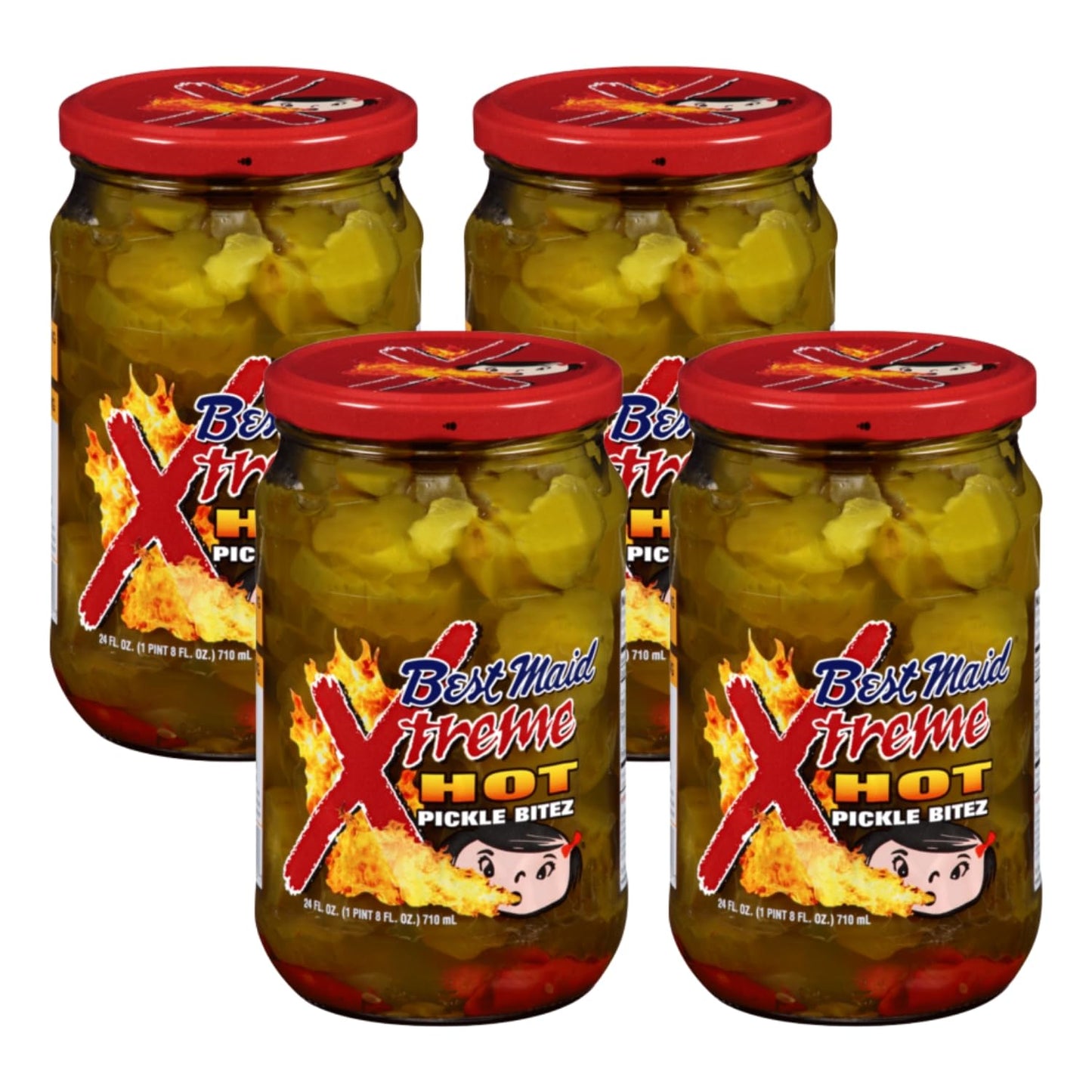 Best Maid Products - 24 Ounce Glass Jars Baby - Dill, Kosher, Hamburger Slices, Garlic Bites, Habanero Chips, & Xtreme Hot Pickles (4 Pack, Xtreme HOT