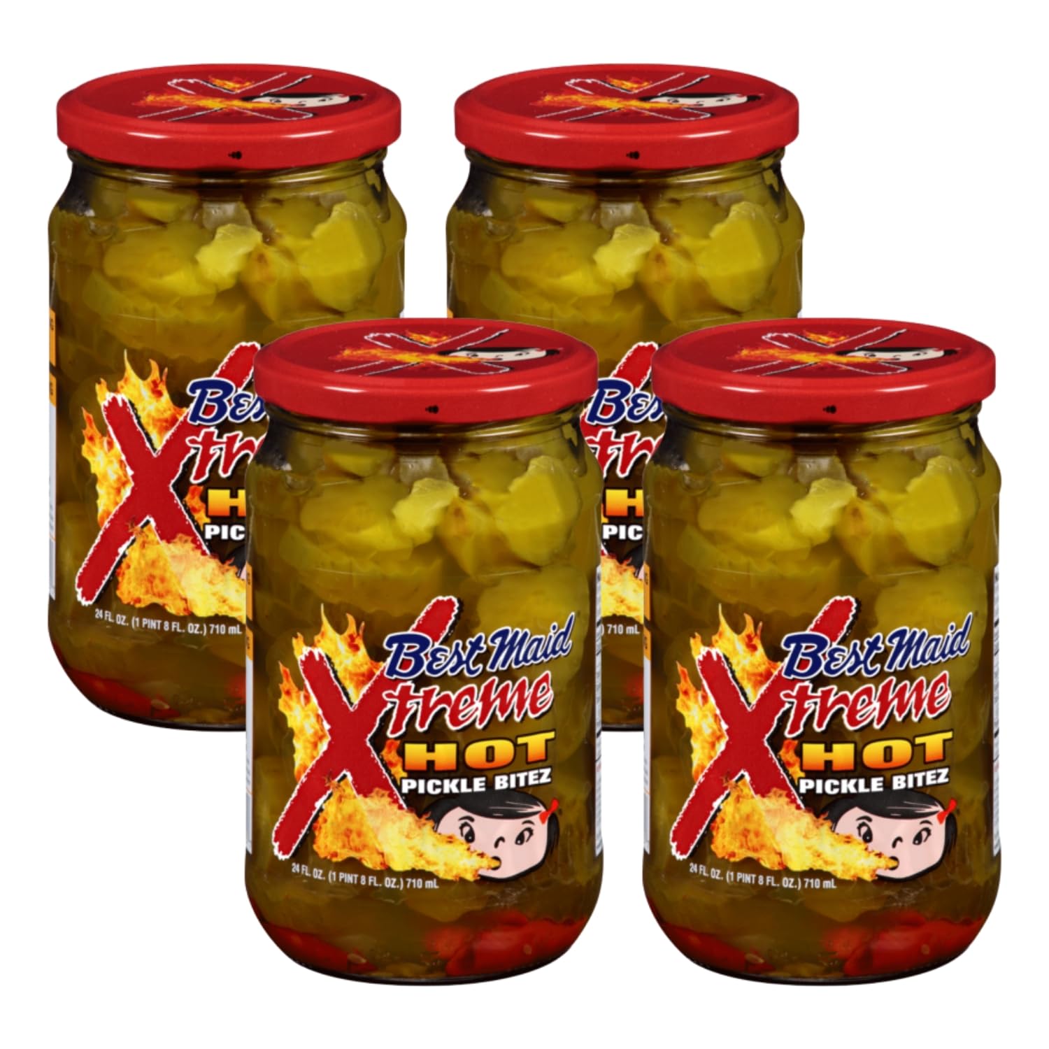 Best Maid Products - 24 Ounce Glass Jars Baby - Dill, Kosher, Hamburger Slices, Garlic Bites, Habanero Chips, & Xtreme Hot Pickles (4 Pack, Xtreme HOT