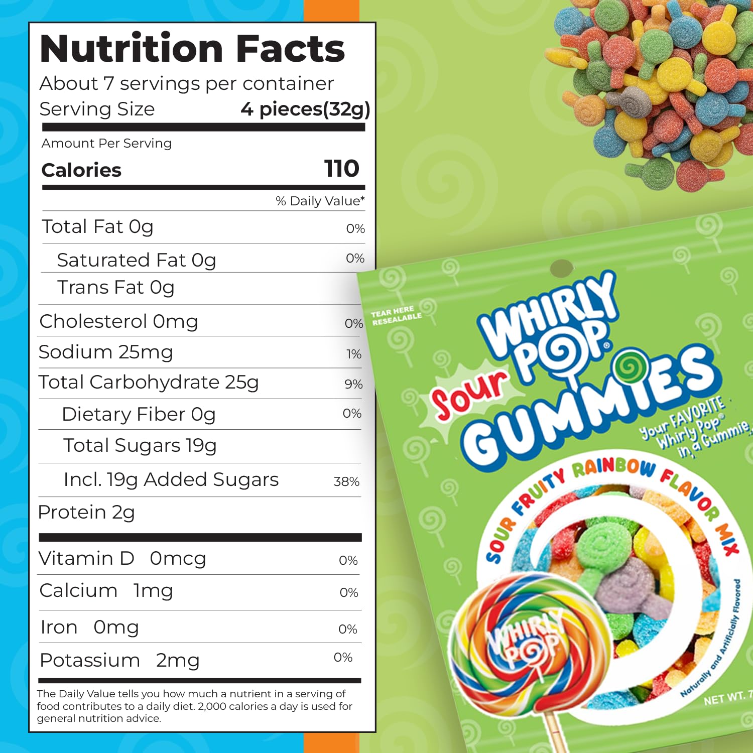 Whirly Pop Sour Gummies Candy - 7.5oz Resealable Bag (Pack of 1) - Lollipop Shape Rainbow Sour Gummy Candy with Mixed Fruit Flavors - Ideal Snack