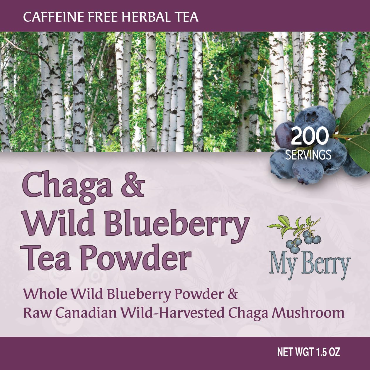 Maine Chaga & Wild Blueberry Tea Powder- Herbal Superfood Blend | 100% Wild-Harvested USA & Canadian Grown Chaga | 1.5oz | Caffeine-Free