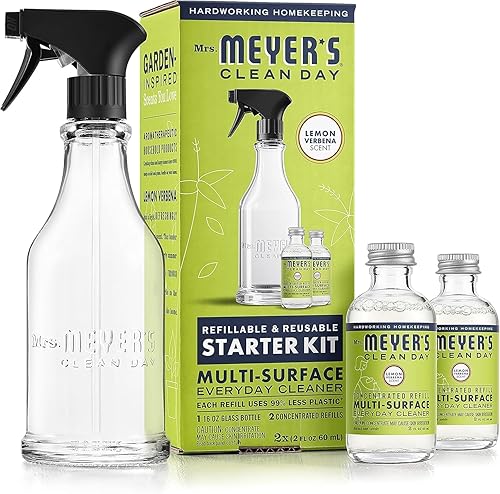 MRS. MEYER'S CLEAN DAY Multi-Surface Cleaner Dispenser and Concentrate Starter Kit, 1 Glass Dispenser (16 Fl. Oz.) and 2 Concentrated Refills (2 Fl
