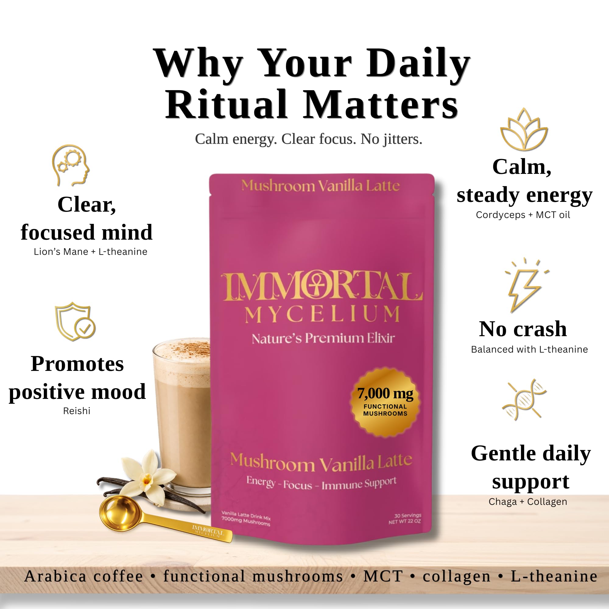 Immortal Mycelium Mushroom Vanilla Latte - Functional Mushroom Coffee Drink Mix with Cordyceps, Lion’s Mane, Reishi & Chaga, Creamy Instant Latte (15