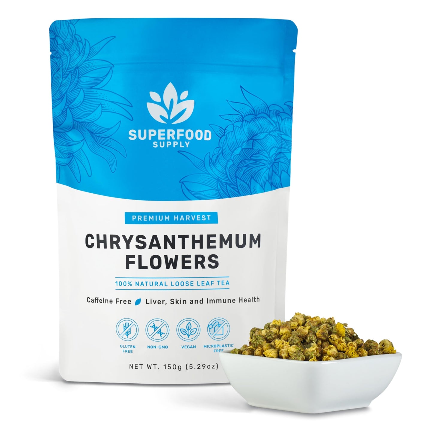 Superfood Supply - Chrysanthemum Tea - 5.29oz/150g, Bulk Loose Leaf Flowers, Premium Buds, Tai Ju Herbal Tea, Caffeine Free, Natural Liver and Immune
