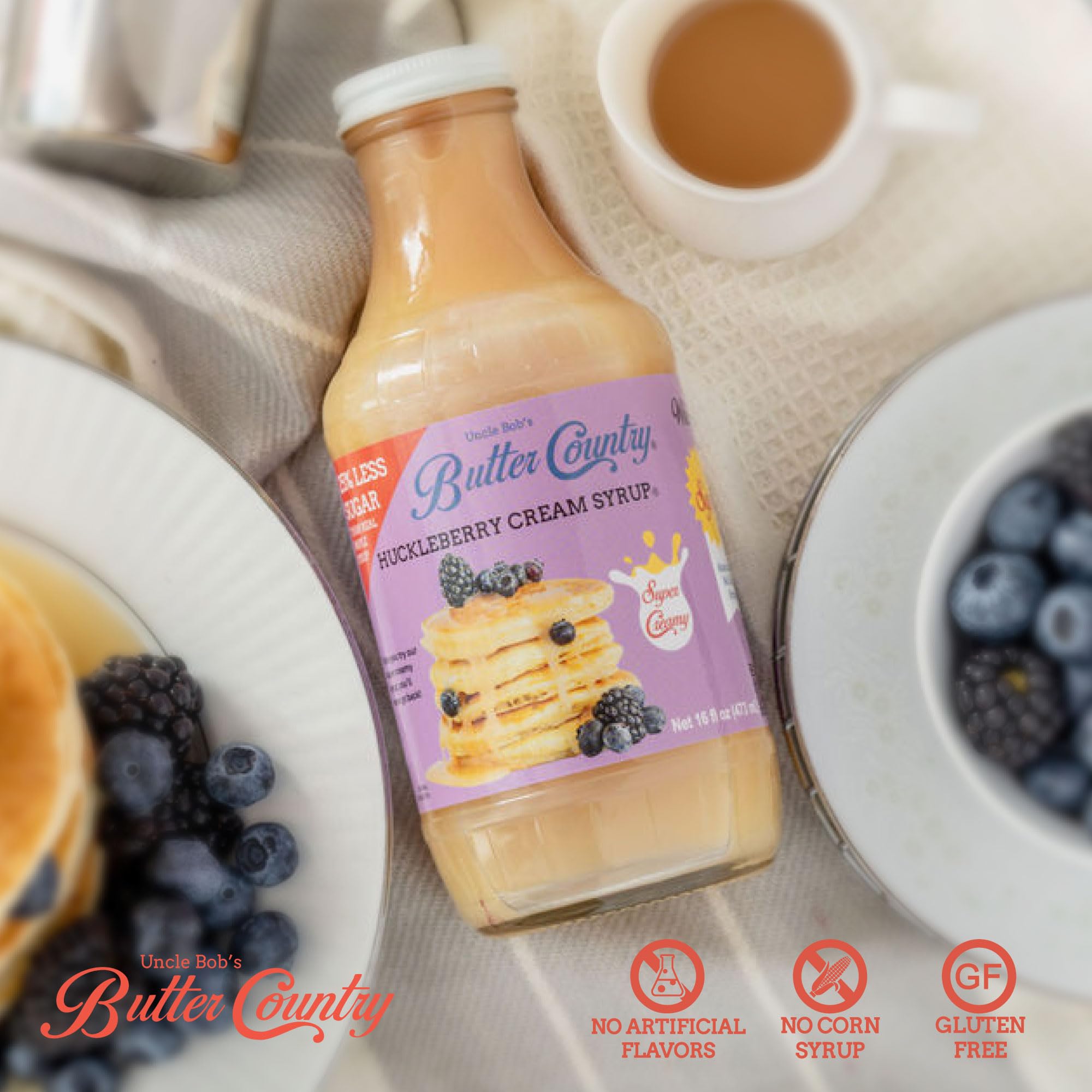 Butter Country Rich and Creamy Buttermilk Syrup | Huckleberry Cream Flavor | Premium Breakfast Syrup for Pancakes & Desserts | 16 fl oz Bottle