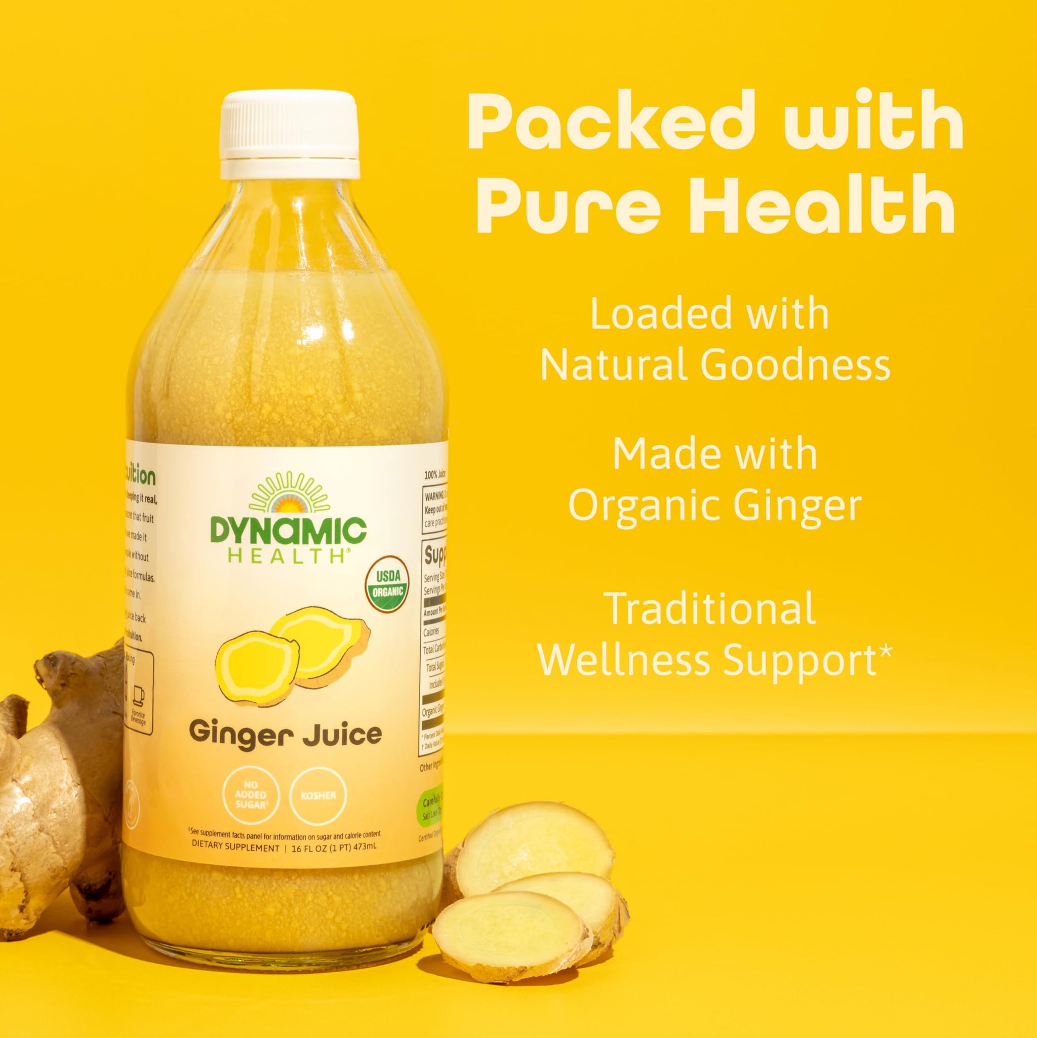 Dynamic Health Organic Ginger Juice - Bold, Plant-Powered Flavor for Wellness Support - USDA Organic, No Added Sugar, Kosher Certified - 31 Servings