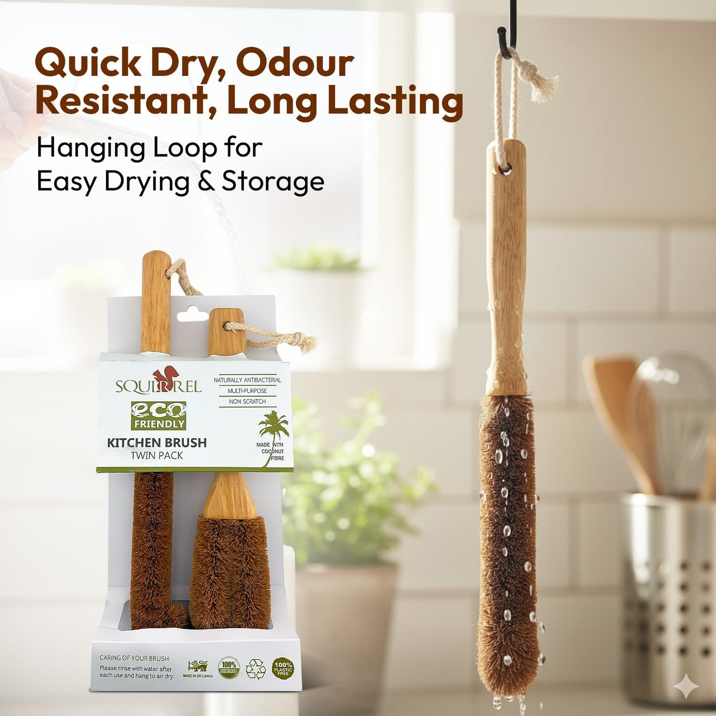 Eco-Friendly Kitchen Cleaning Brush (Twin Pack) - Wood Dish Brush with Coconut Fiber Bristles & Wooden Handle. Kitchen Brush for Bottles, Jars, Mugs
