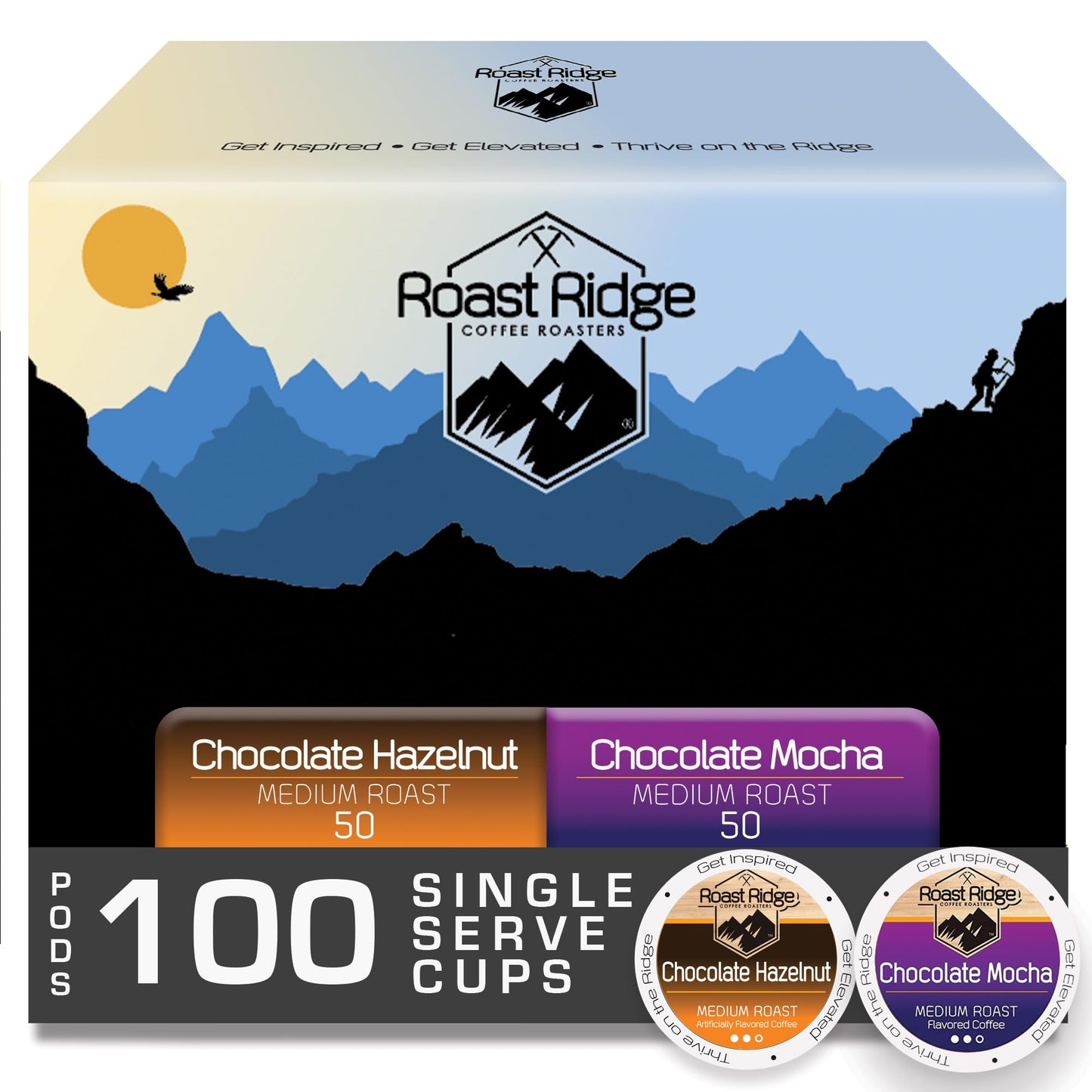 Roast Ridge Single Serve Coffee Pods for Keurig K-Cup Brewers, Variety Pack, Medium Roast, 100 Count (50 Chocolate Mocha, 50 Chocolate Hazelnut)
