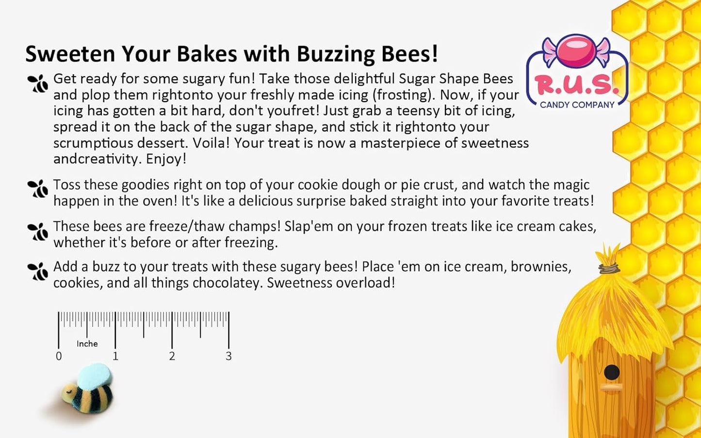 Bees Cake Decorations- Bumble Bee Shaped Edible Hard Sugar Decorations, 16 pcs by R.U.S. Candy Company
