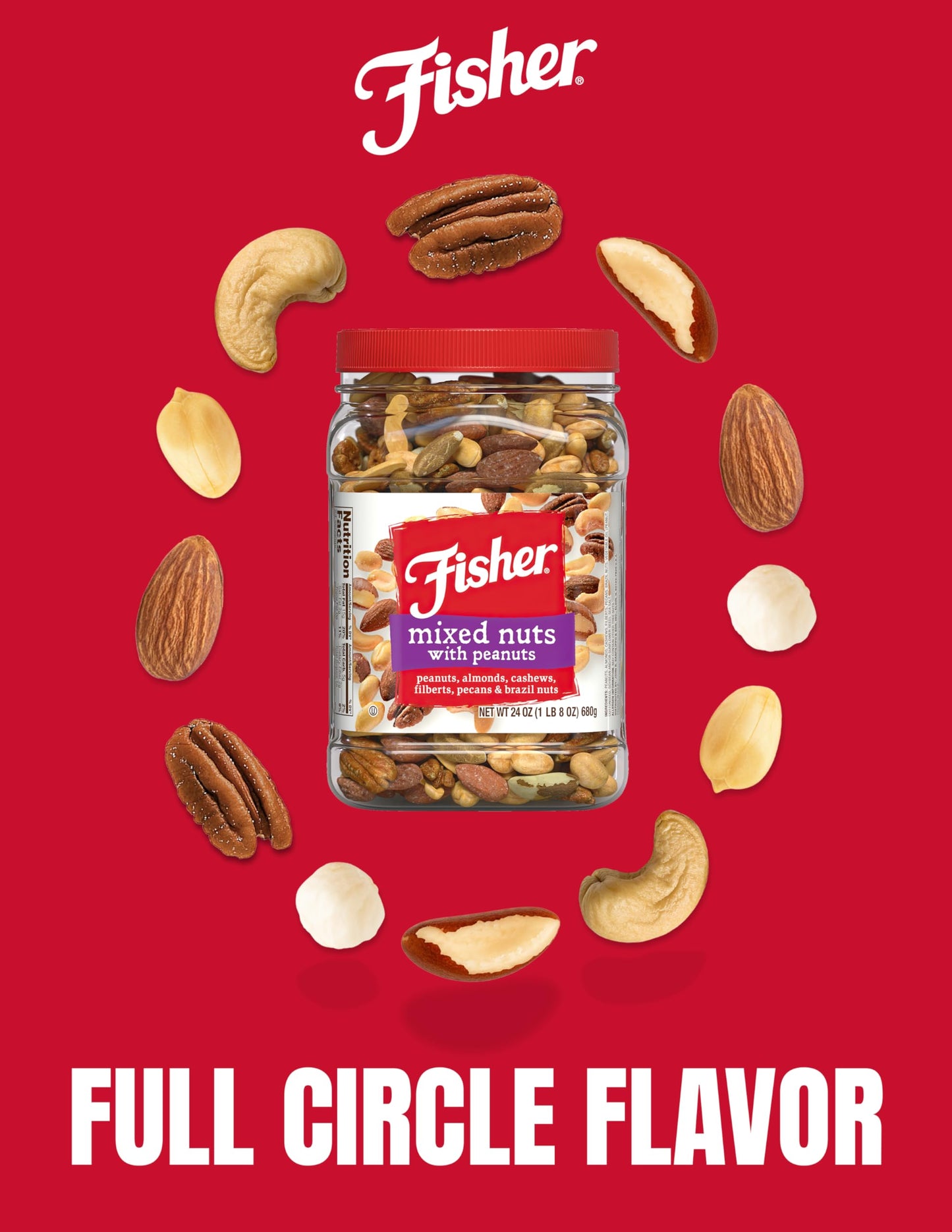 FISHER Snack Mixed Nuts with Peanuts, 24 oz Almonds, Cashews, Filberts, Pecans, Brazil Nuts,