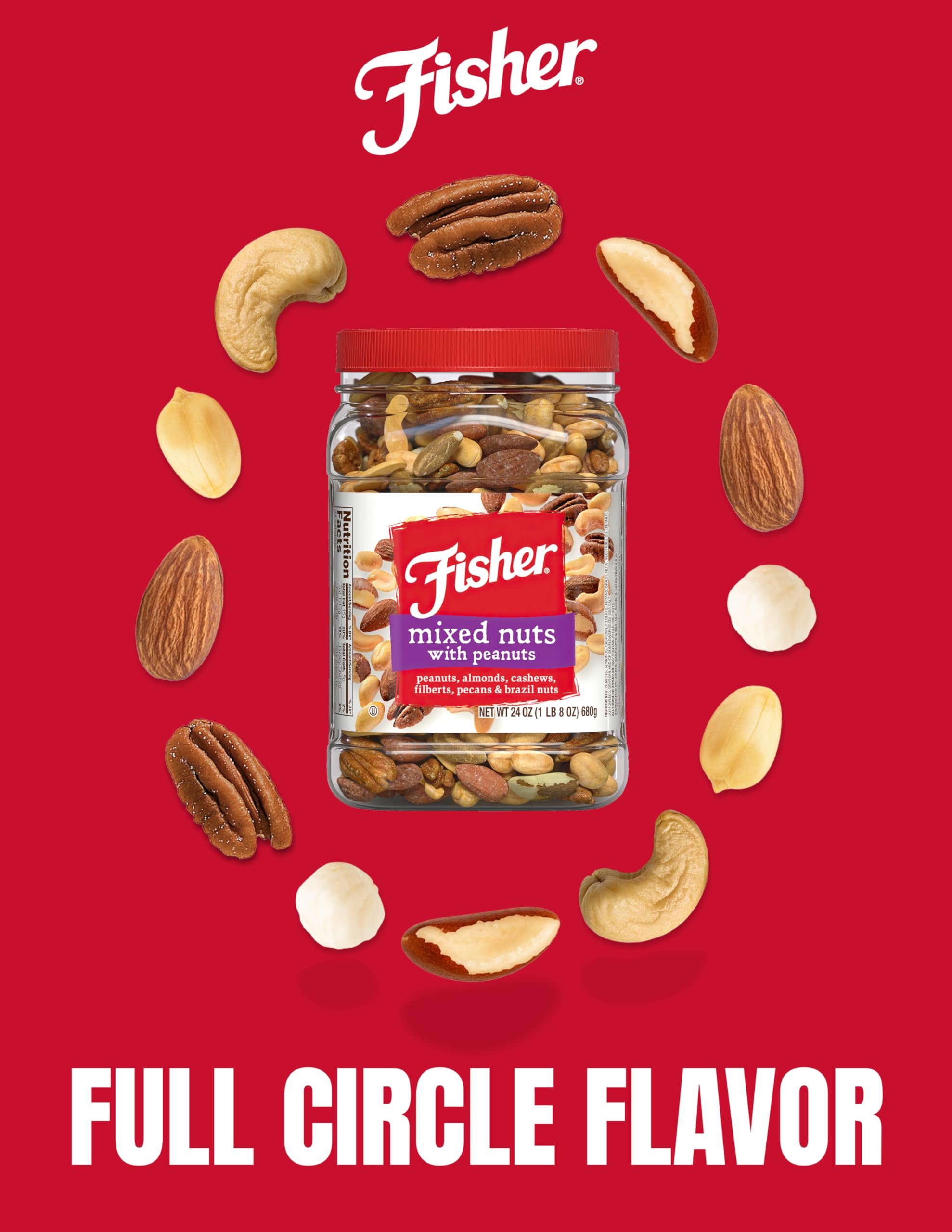 FISHER Snack Mixed Nuts with Peanuts, 24 oz Almonds, Cashews, Filberts, Pecans, Brazil Nuts,