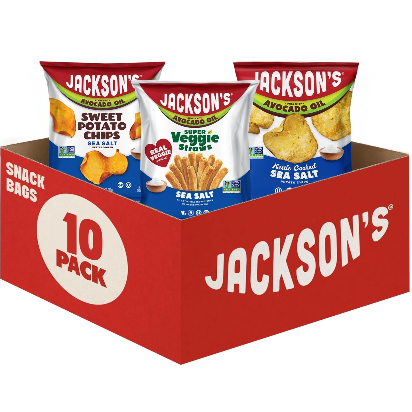 Jackson’s Mixed Snack Variety (1 oz & 1.5oz Pack of 10) - Made with Avocado Oil, Veggie Straws, Sweet Potato Chips & Kettle Chips, Snack Variety Pack