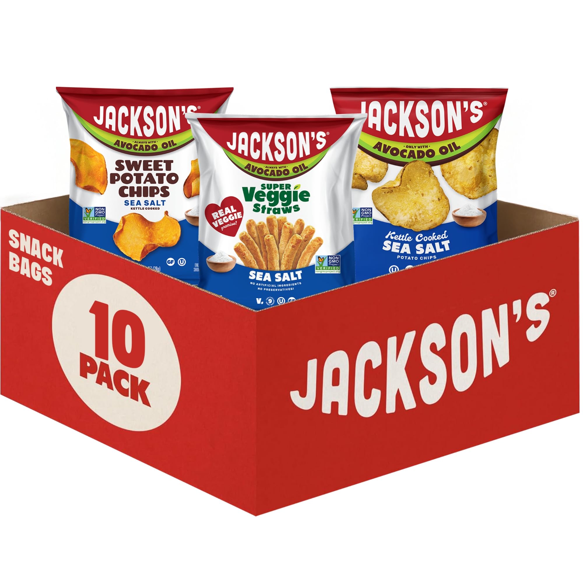 Jackson’s Mixed Snack Variety (1 oz & 1.5oz Pack of 10) - Made with Avocado Oil, Veggie Straws, Sweet Potato Chips & Kettle Chips, Snack Variety Pack