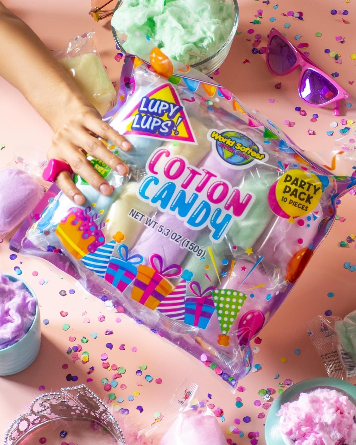 Lupy Lups! Cotton Candy Party Pack - Individually Wrapped Small bags, 0.5 oz Each - Perfect for Stockings, Treats, Party Favors, Buffet Tables,