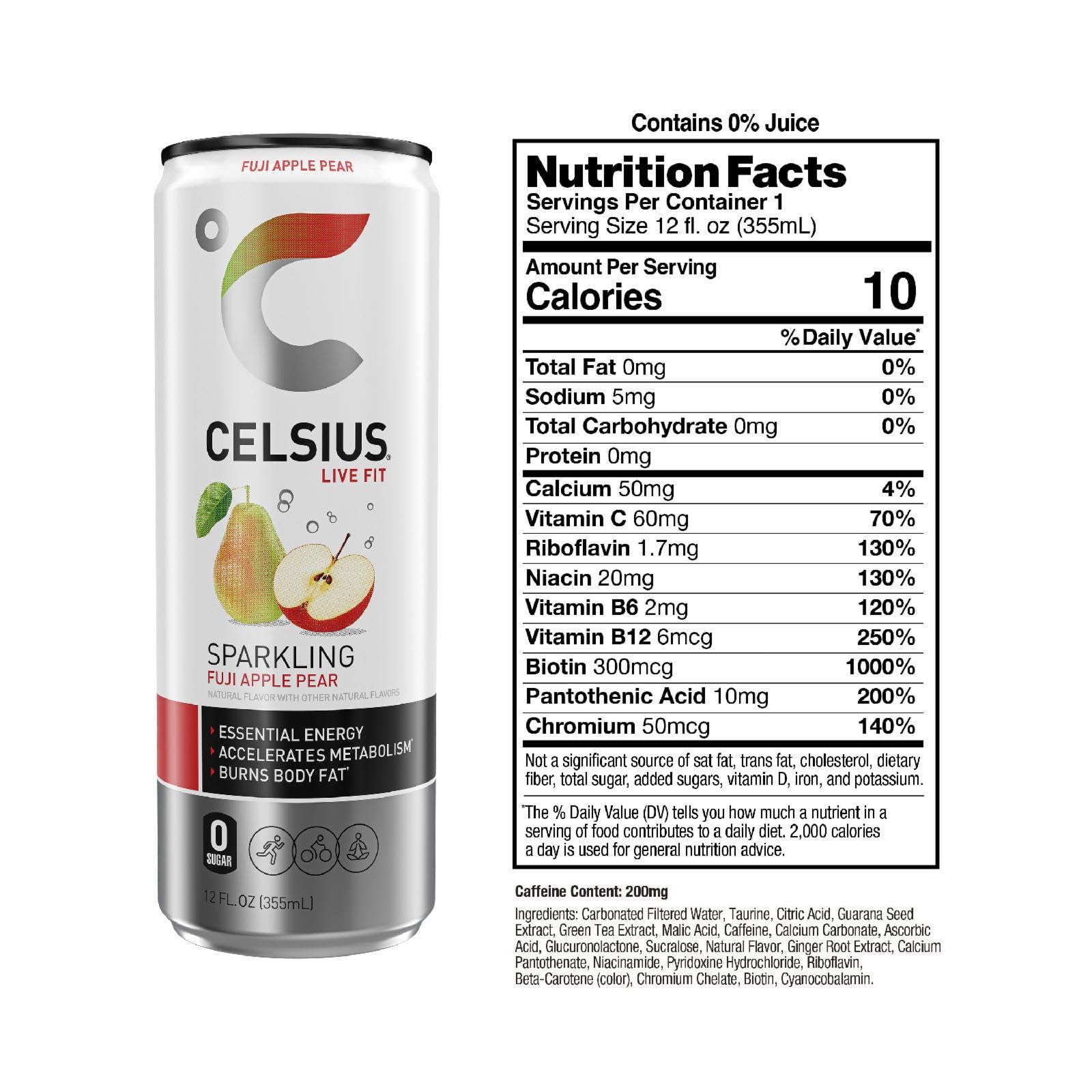 CELSIUS Sparkling Fuji Apple Pear, Functional Essential Energy Drink, 12 Fl Oz