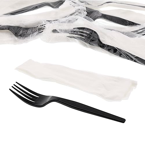 AmerCareRoyal 2-in-1 Disposable Silverware Medium Heavy Weight Plastic Utensil Set with Fork and 13x17 inch Napkin - Individually Wrapped Cutlery Meal