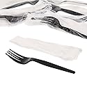AmerCareRoyal 2-in-1 Disposable Silverware Medium Heavy Weight Plastic Utensil Set with Fork and 13x17 inch Napkin - Individually Wrapped Cutlery Meal