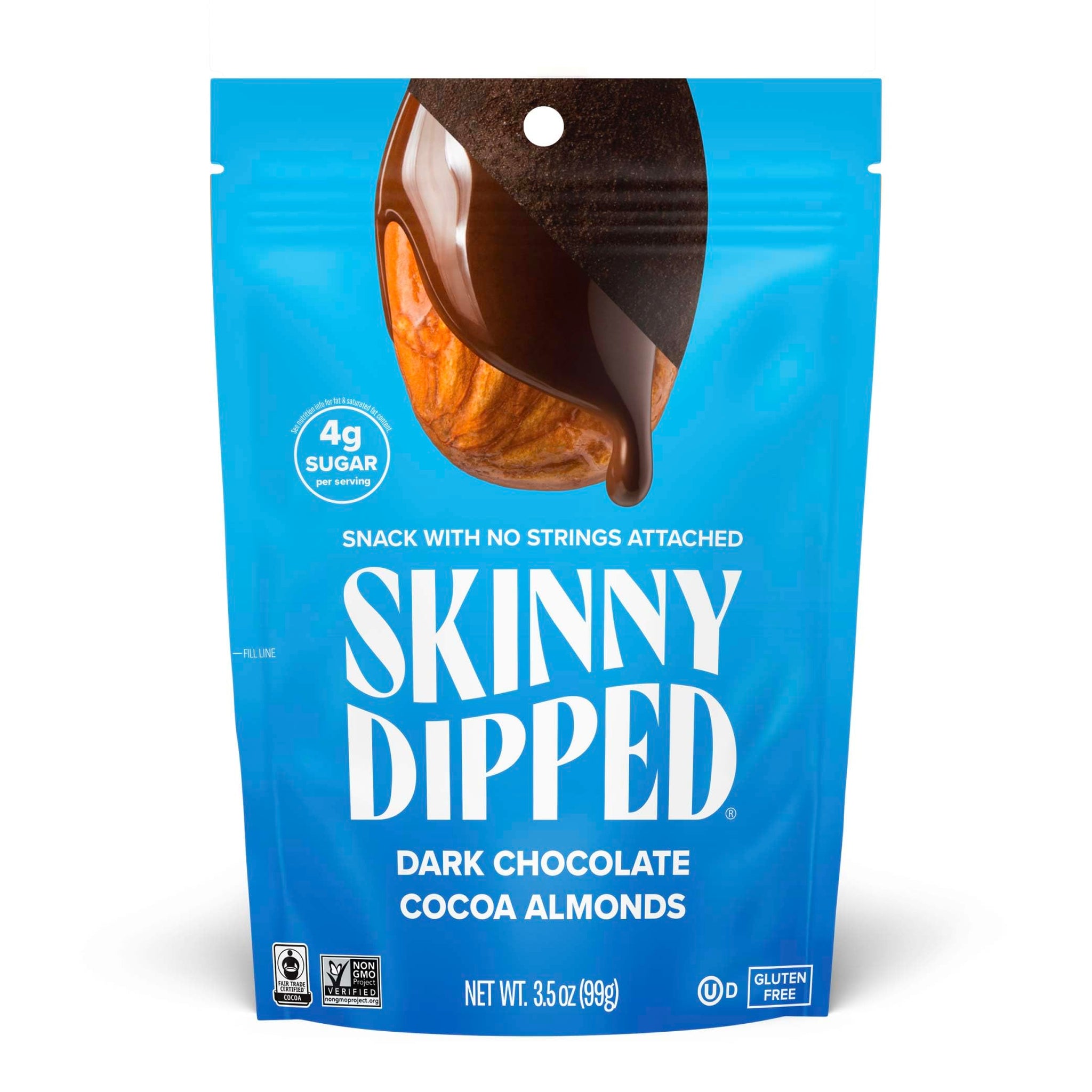 SkinnyDipped Dark Chocolate Cocoa Almonds, Healthy Snack, Plant Protein, Gluten Free, 3.5 Oz Resealable Bag, Pack of 1