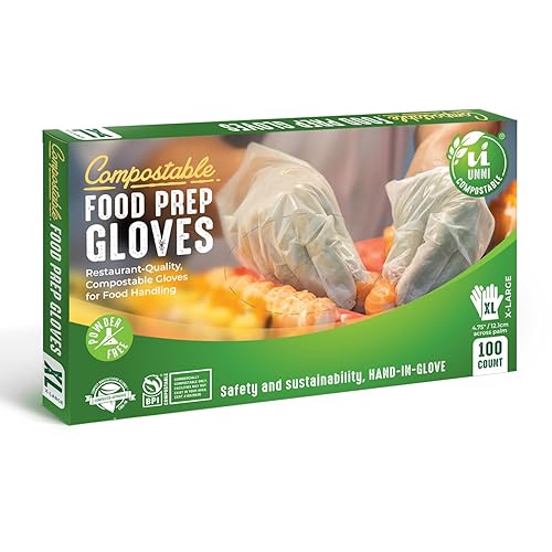 UNNI Compostable Food Prep Gloves, X-Large, 100 Count, Powder-Free, For Food Handling & Cleaning, ASTM D6400, BPI Certified