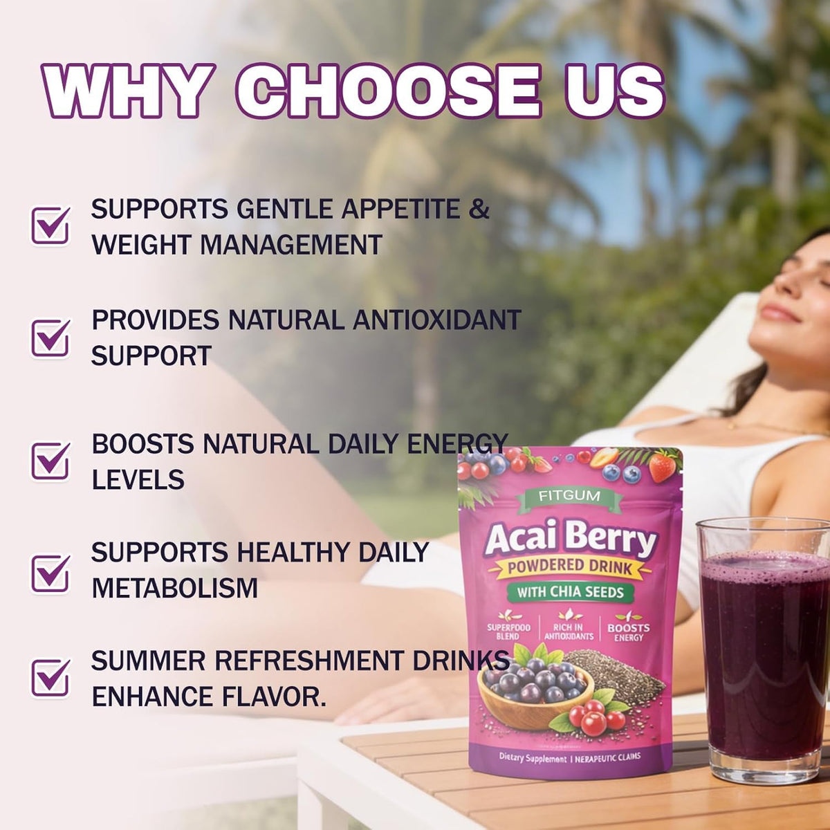 Acai Berry Powdered Drink with Chia Seeds - Superfood Blend Rich in Antioxidants