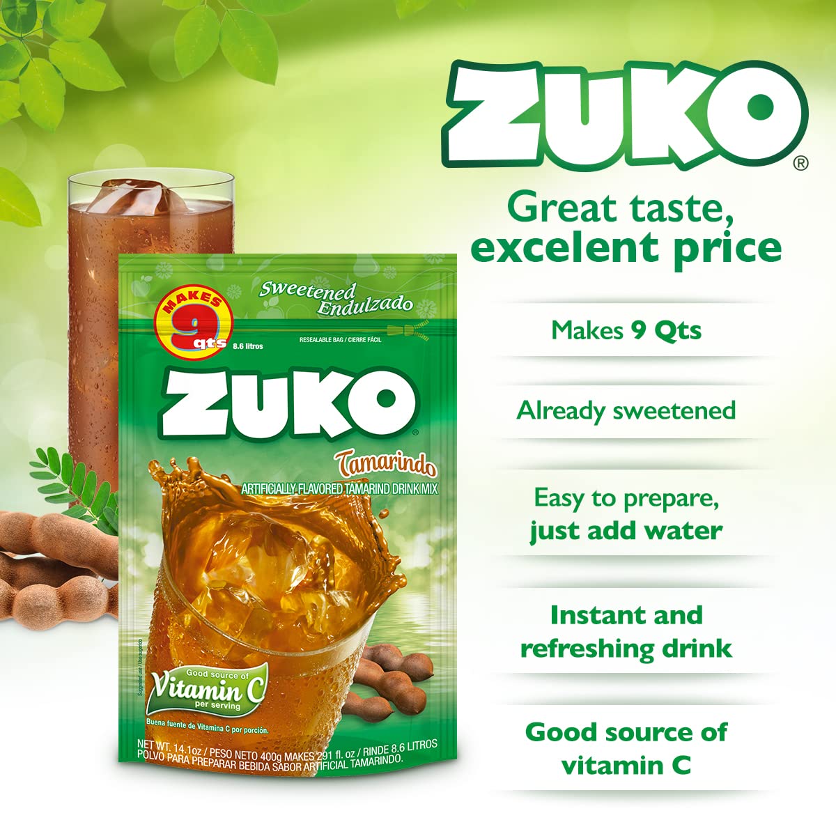 Zuko Tamarindo Instant Powder Drink | Family Pack | No Sugar Needed | Vitamin C | 14.1 Ounce (Pack of 6)