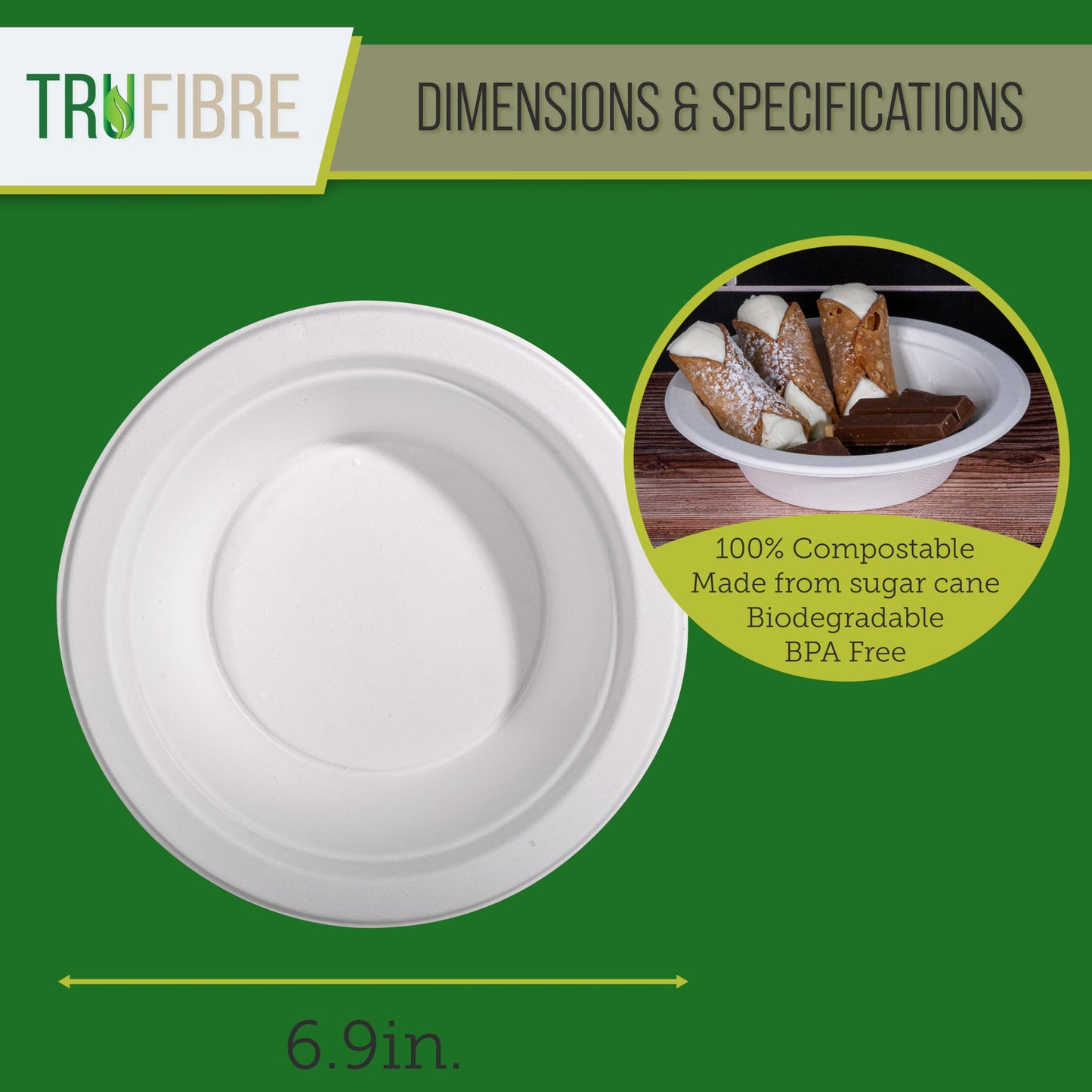 TruFibre 16 Oz Paper Bowls, 100 Pack 100% Compostable Heavy Duty Eco-Friendly Bagasse Biodegrable Disposable Bowls for Salad, Dessert, Soup, Ice