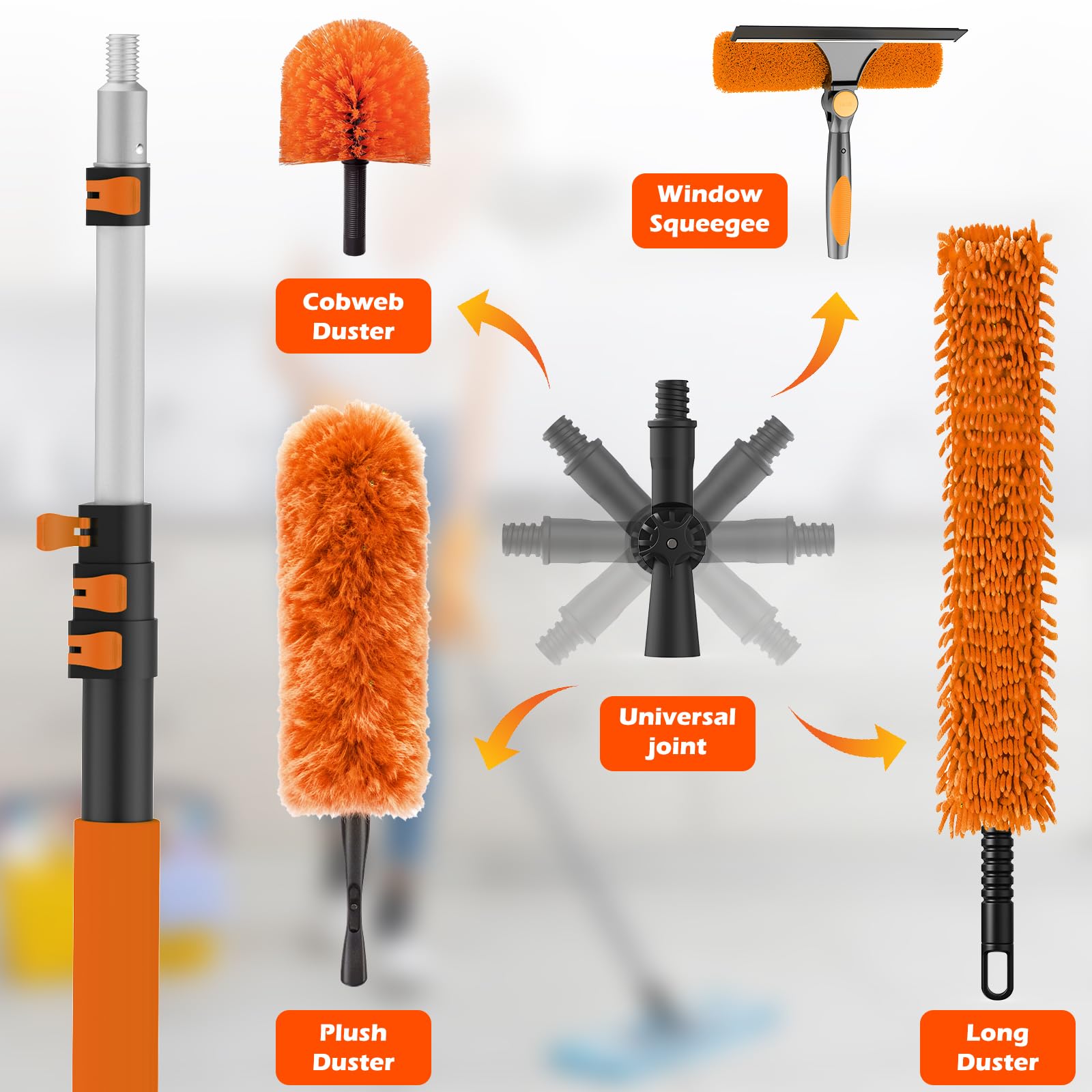 16FT Reach High Ceiling Duster Kits with 3-12FT Adjustable Pole - Includes Extra Long Duster, High Ceiling Duster, Rotatable Window Squeegee & Cobweb