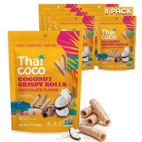 Thai Coco Chocolate Crispy Coconut Rolls 8 Bag (3.5 oz each) - Organic Tropical Snack, Vegan, Gluten-Free, Dairy-Free, Non-GMO, Light Fluffy Healthy