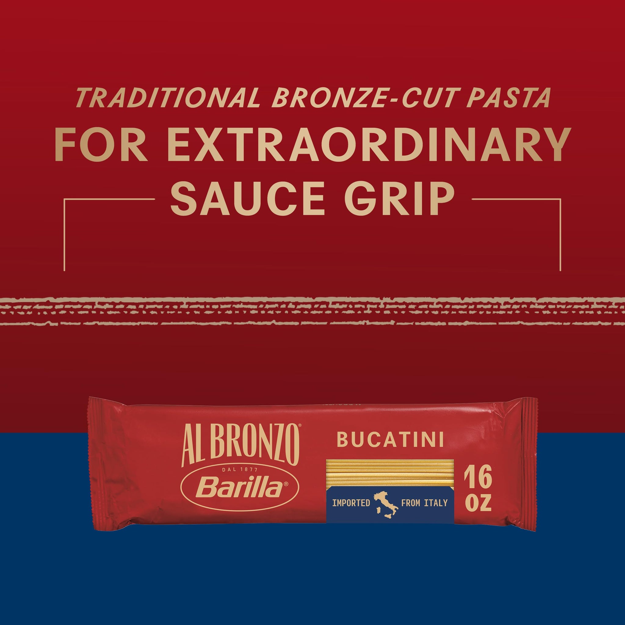 Barilla Al Bronzo Bucatini Pasta 16 oz., Bronze Cut, Created from High Quality Durum Wheat, Imported From Italy, Non-GMO, Kosher