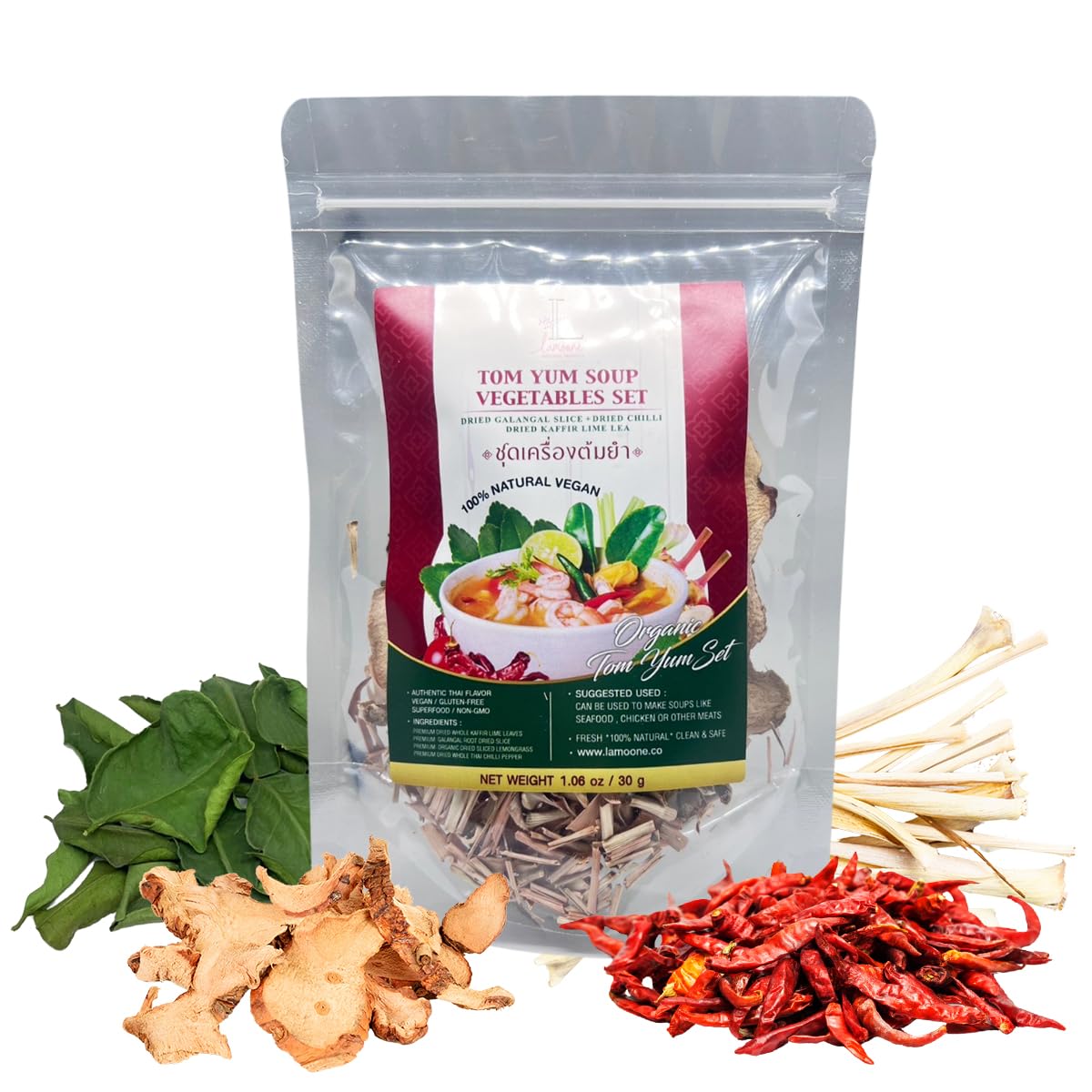 Lamoone Thai Tom Yum & Tom Kha Soup Spice Mix, Authentic Thai Herbs & Chili, Lemongrass Galangal Lime Leaves, 30g (1.06 oz), Makes 2-4 Servings
