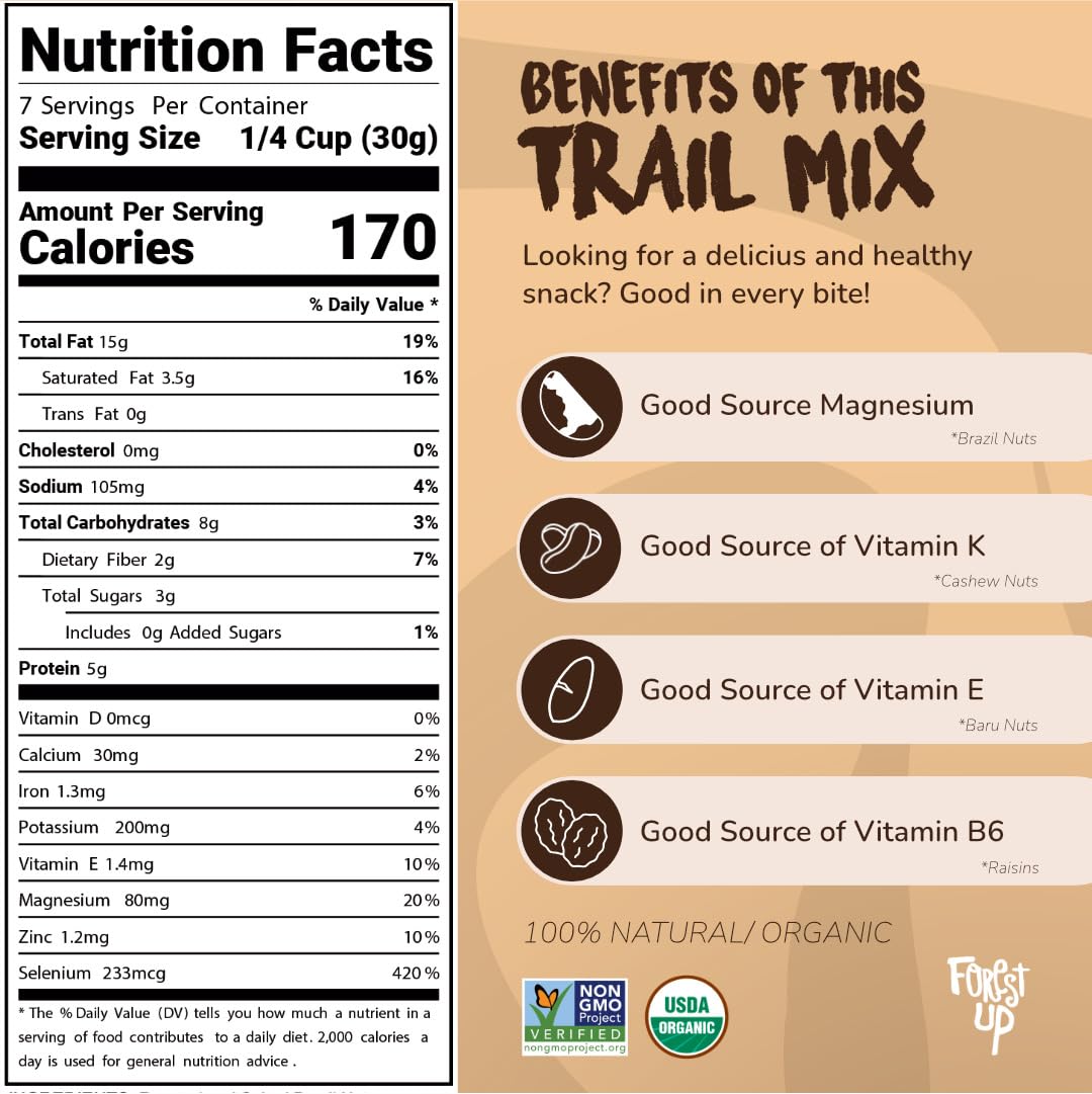 Organic Trail Mix Nuts & Raisins 7oz - Brazil Nuts, Cashews, Baru Nuts & Raisins - Gluten Free, Non-GMO, Vegan, Healthy Snack - Forest Up