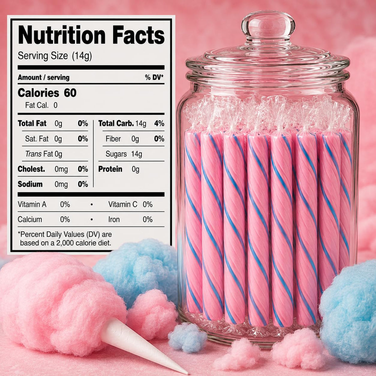 Old Fashioned Candy Sticks - Pack of 10 - Cotton Candy - Individually Wrapped 5 in. Sticks - One 10 Count Box