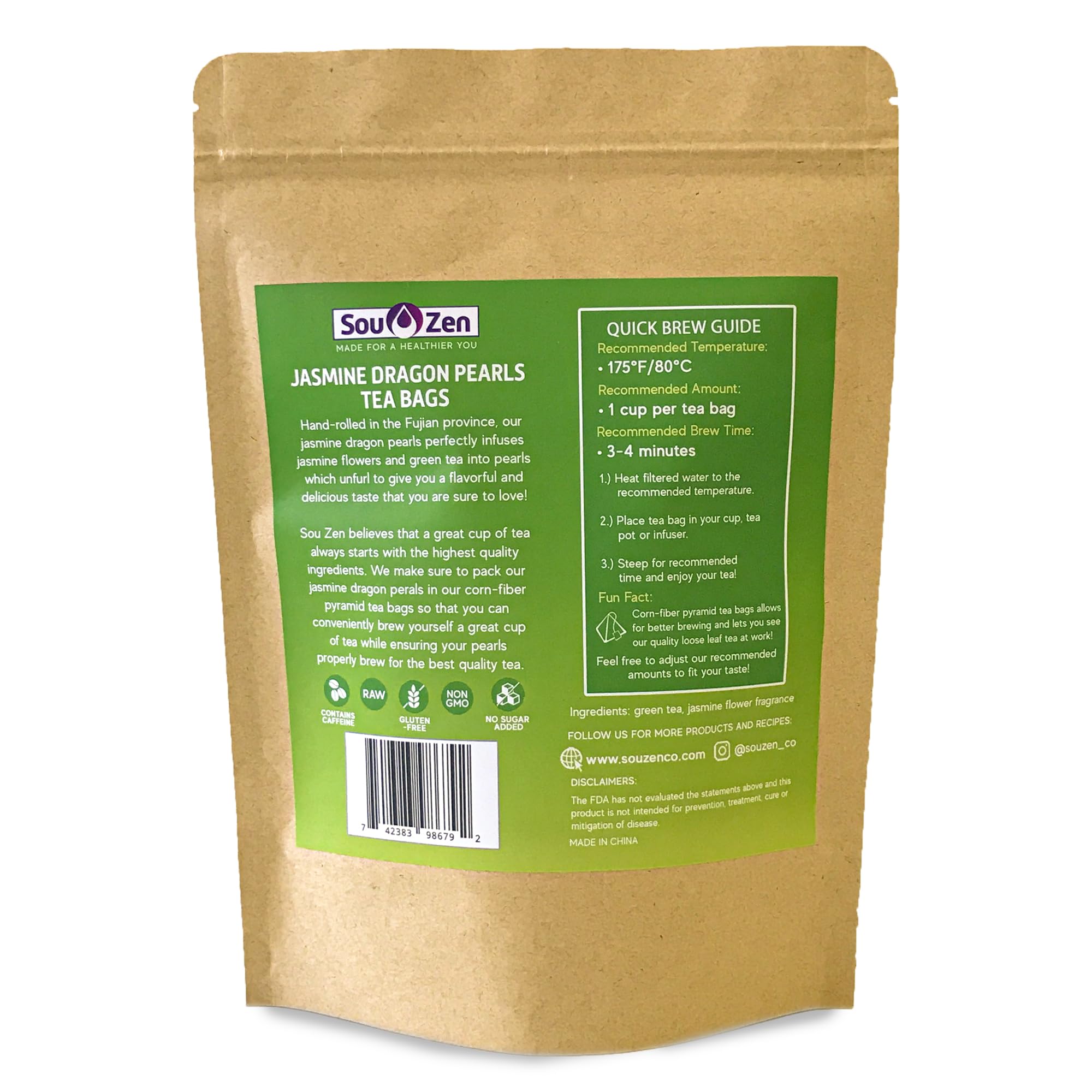Sou Zen Jasmine Dragon Pearls | 30 Corn-Fiber Pyramid Tea Bags | Hand-Rolled Jasmine Green Tea | Non-GMO, Organic, and Preservative-Free