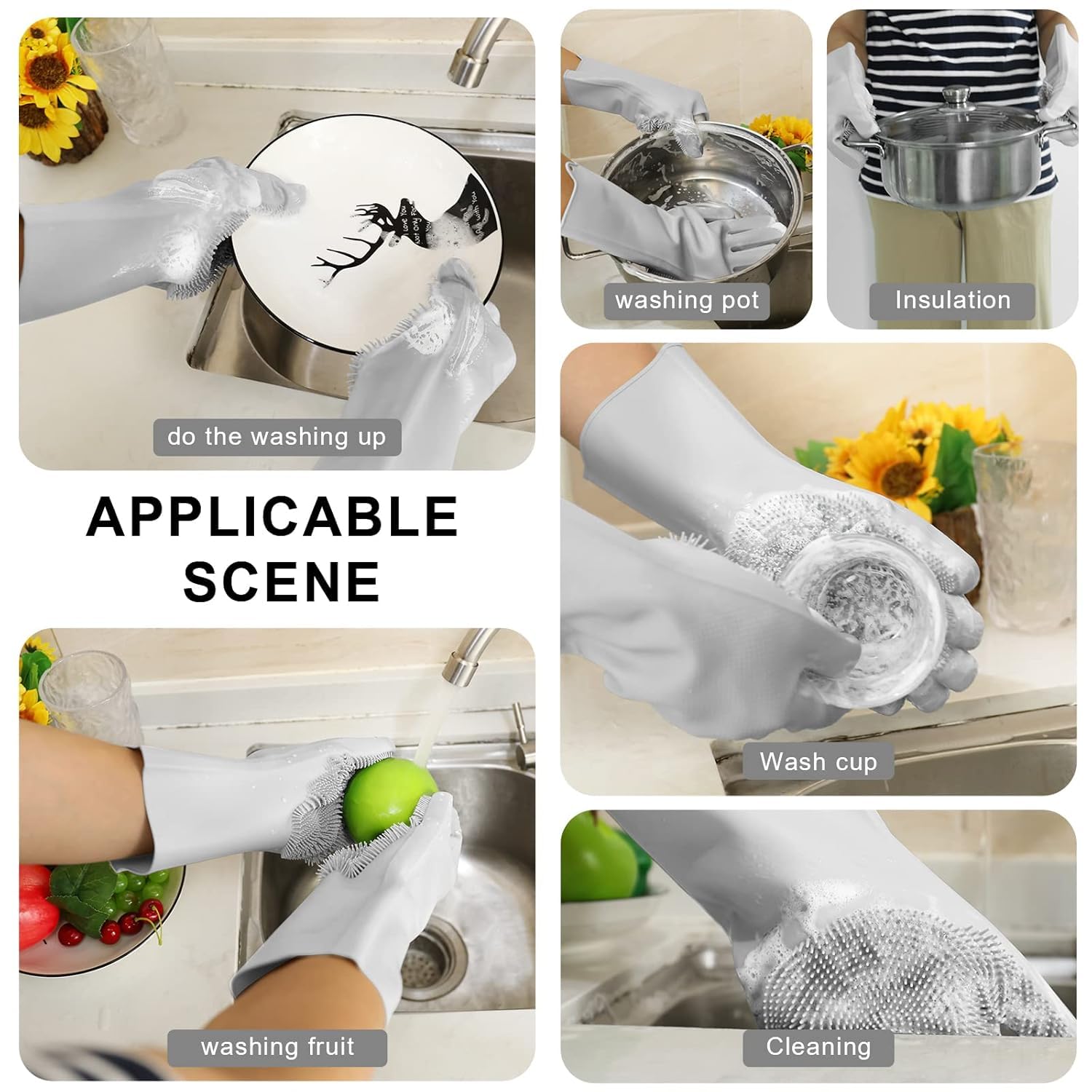 Dishwashing Sponge Gloves for Kitchen, Dishwashing Gloves Reusable Rubber Cleaning Gloves, Silicone Dishwashing Gloves Scrubber Glove, Washing Gloves