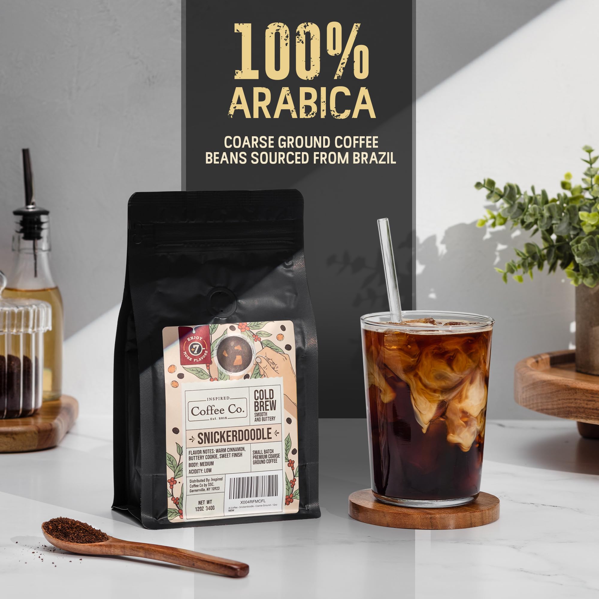 Inspired Coffee Co Snickerdoodle Flavored Cold Brew Coarse Ground Coffee Beans - Medium Roast - Low Acid Coffee Smoother Taste - 100% Arabica - 12 oz