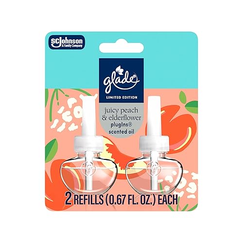 Glade PlugIns Refills Air Freshener, Juicy Peach & Elderflower, Scented and Essential Oils for Home and Bathroom, 1.34 Fl Oz, 2 Count
