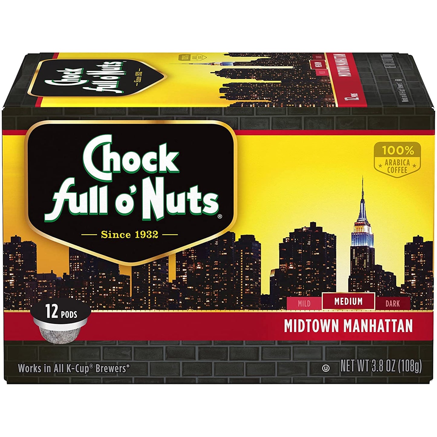 Chock Full o'Nuts Manhattan Medium Roast, K-Cup Coffee Pods (3.8 Ounce (Pack of 1), Midtown Manhattan)