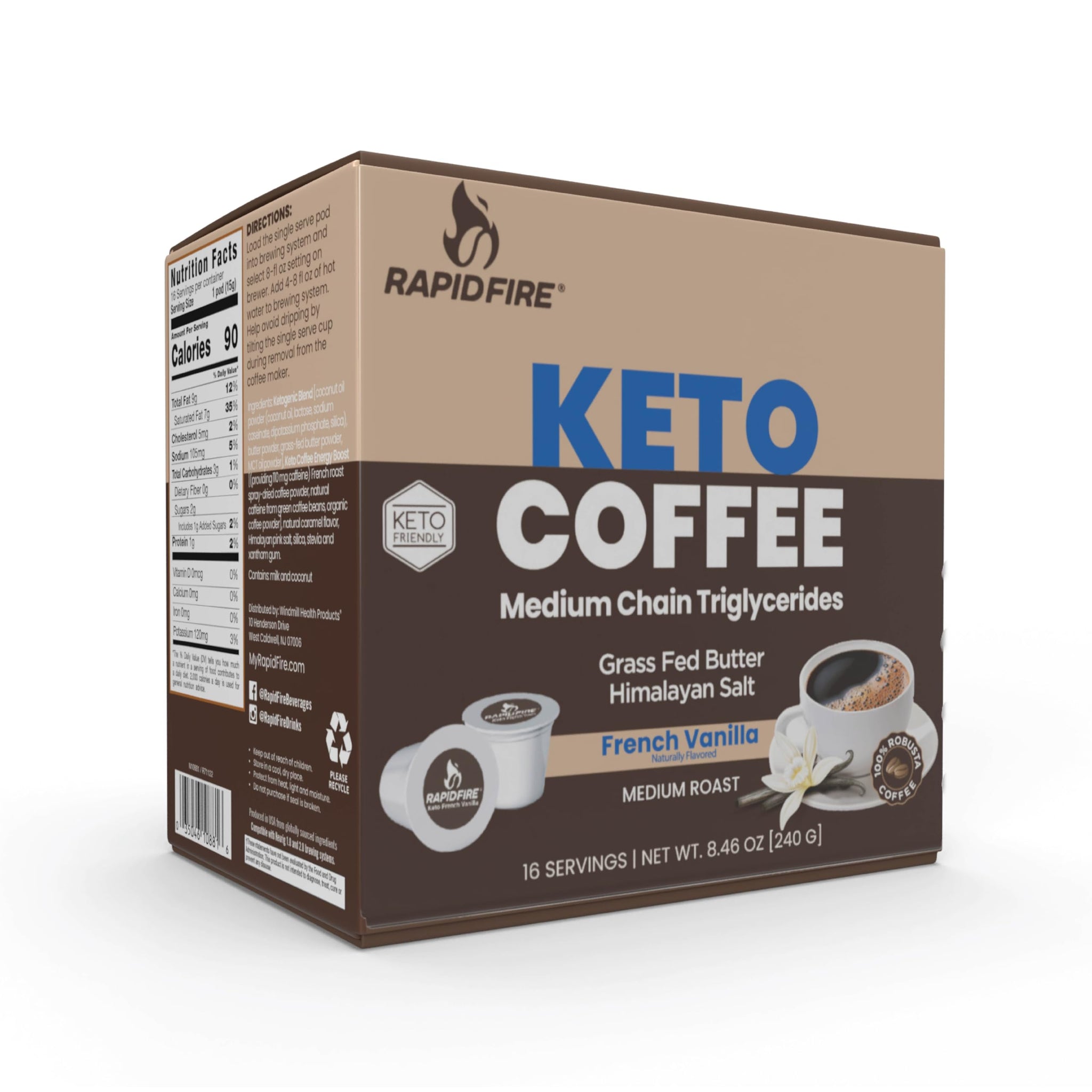 Rapidfire French Vanilla Ketogenic High Performance Keto Coffee Pods, Supports Energy & Metabolism, Weight Management, Single Serve K Cup, Brown, 16